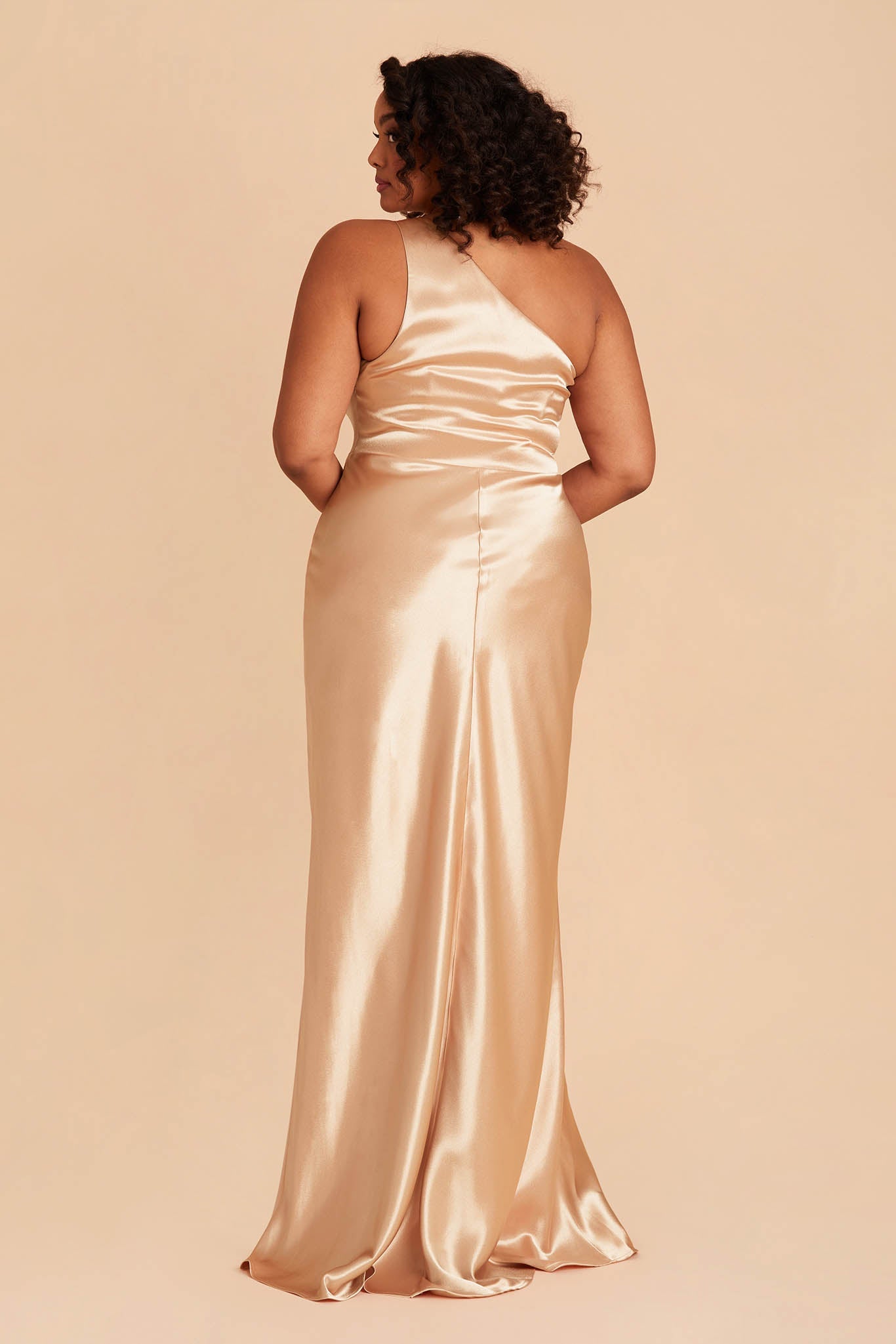 Kira plus size bridesmaid dress with slit in gold satin by Birdy Grey, back view