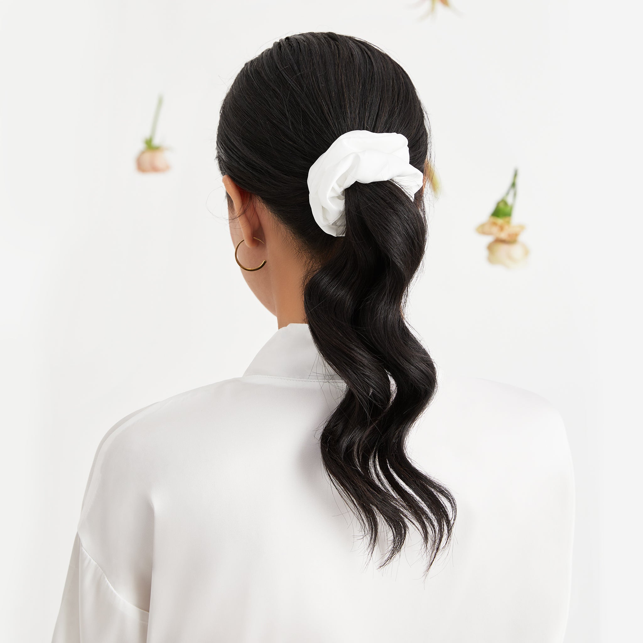 Scrunchie in ivory Satin by Birdy Grey, front view