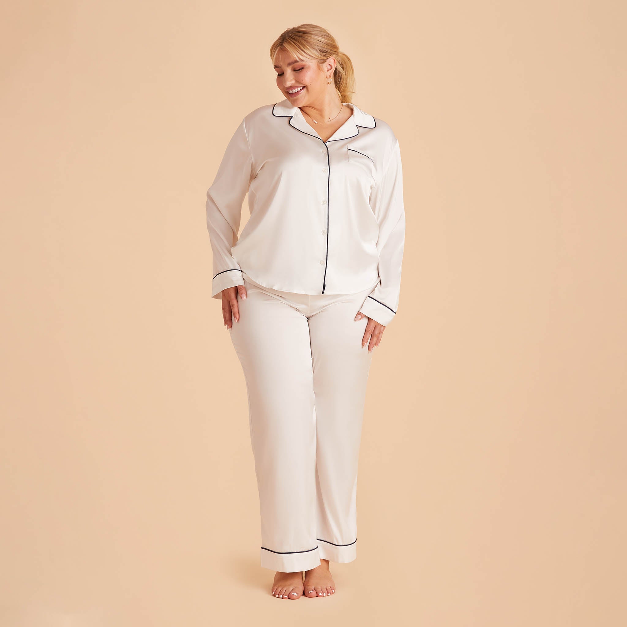 Jonny Plus Size Satin Long Sleeve Pajama Top With White Piping in ivory, front view