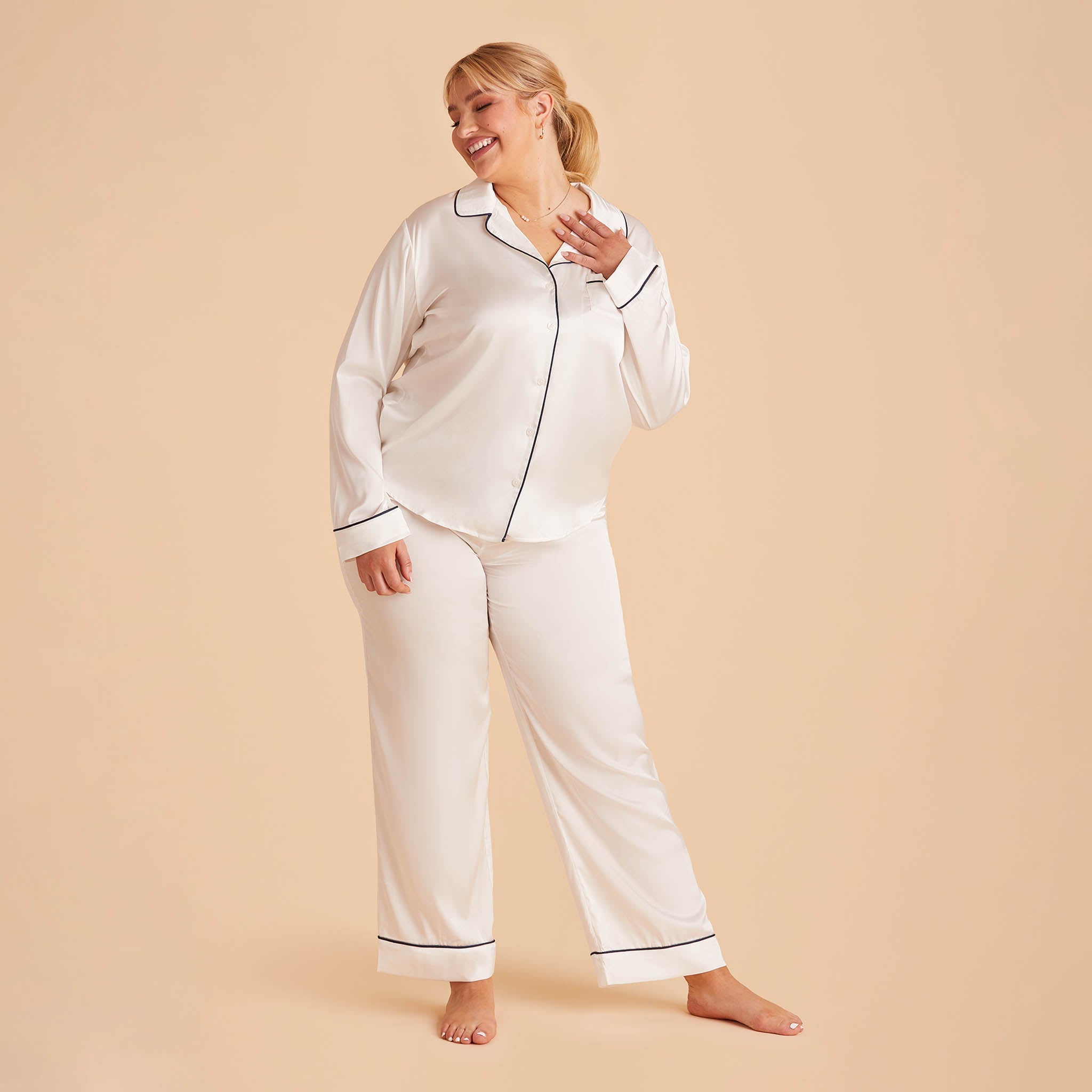 Jonny Plus Size Satin Pants Bridesmaid Pajamas With Navy Piping in Ivory, front view