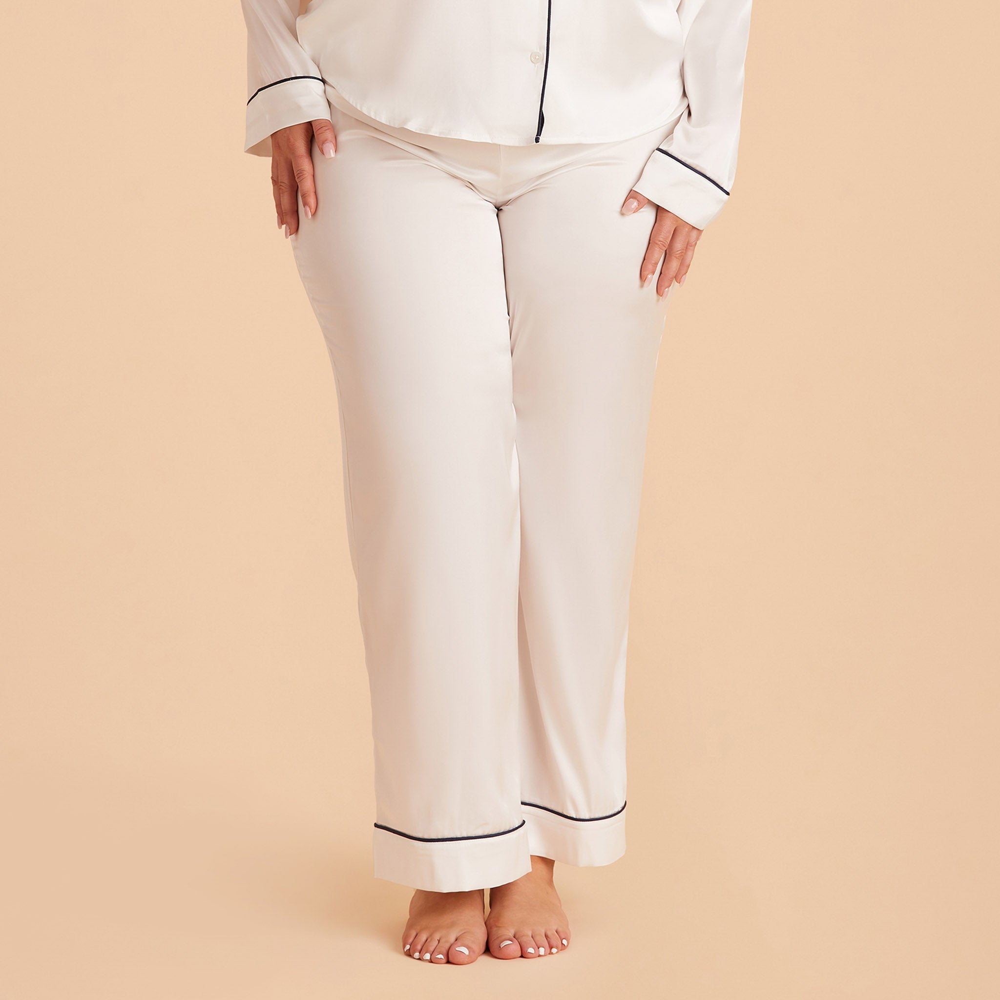 Jonny Plus Size Satin Pants Bridesmaid Pajamas With Navy Piping in Ivory, front view