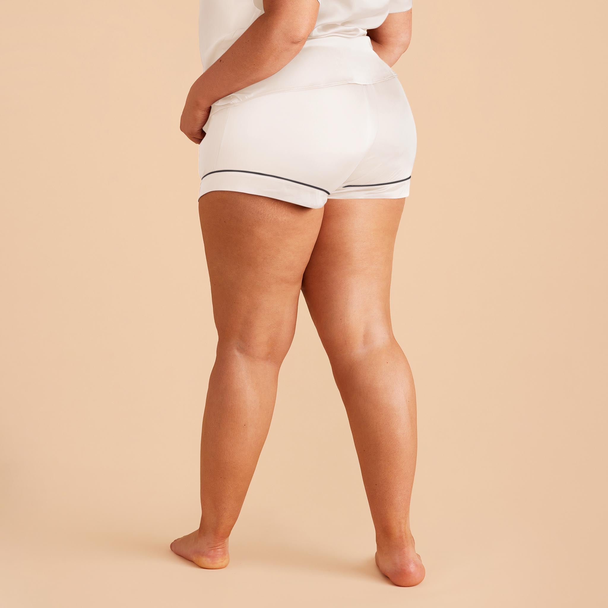 Jonny Plus Size Satin Shorts Bridesmaid Pajamas With White Piping in Ivory, back view