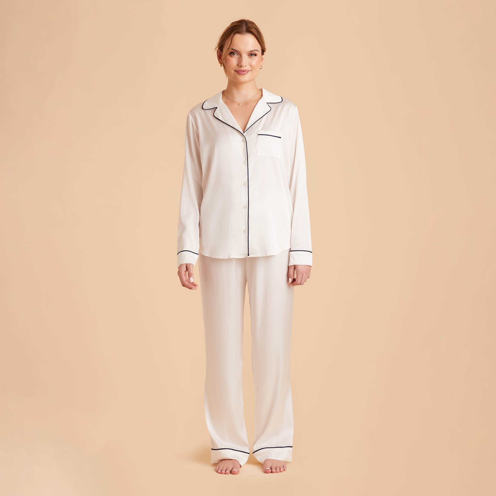 Jonny Satin Pants Bridesmaid Pajamas With White Piping in ivory, front view