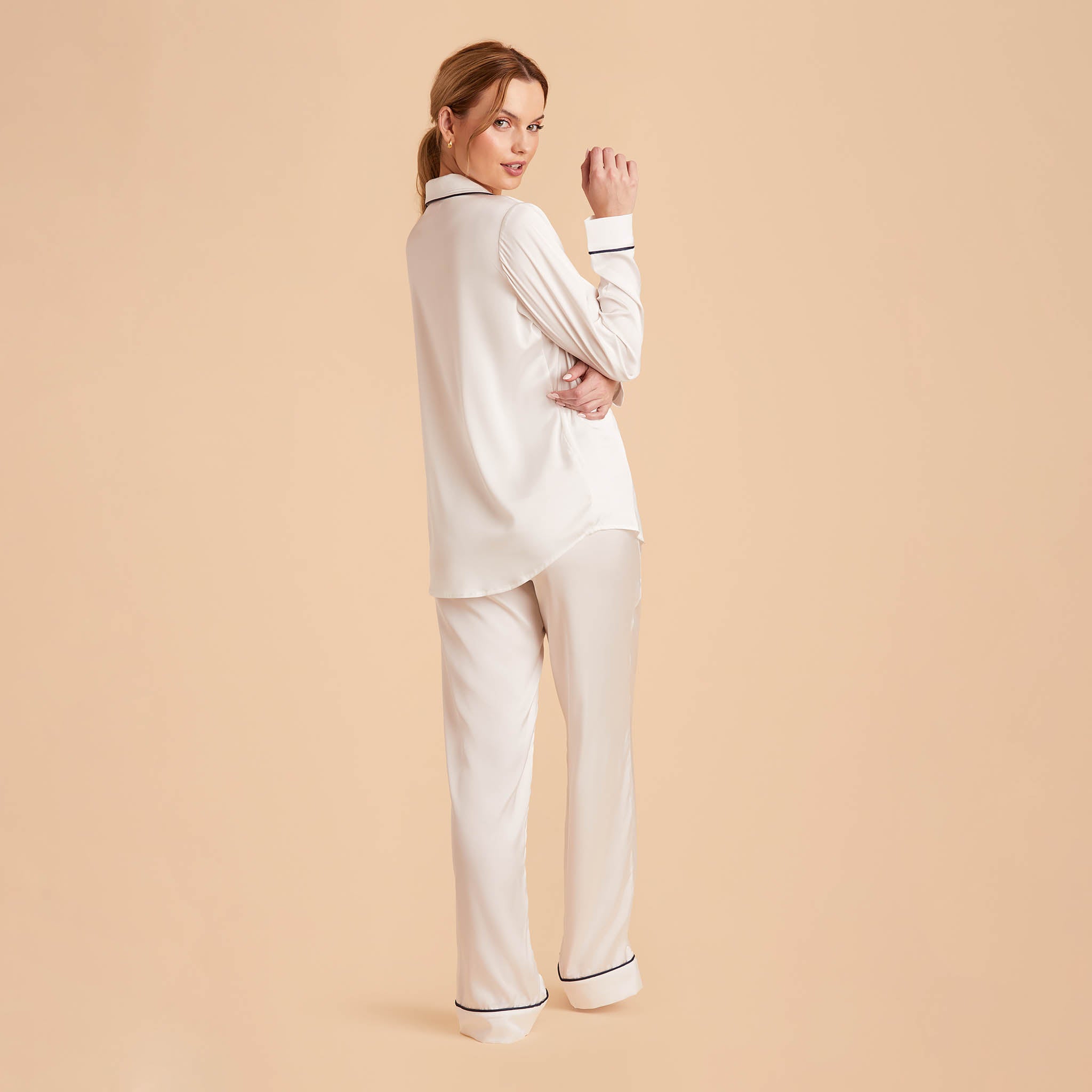 Jonny Satin Pants Bridesmaid Pajamas With White Piping in ivory, side view
