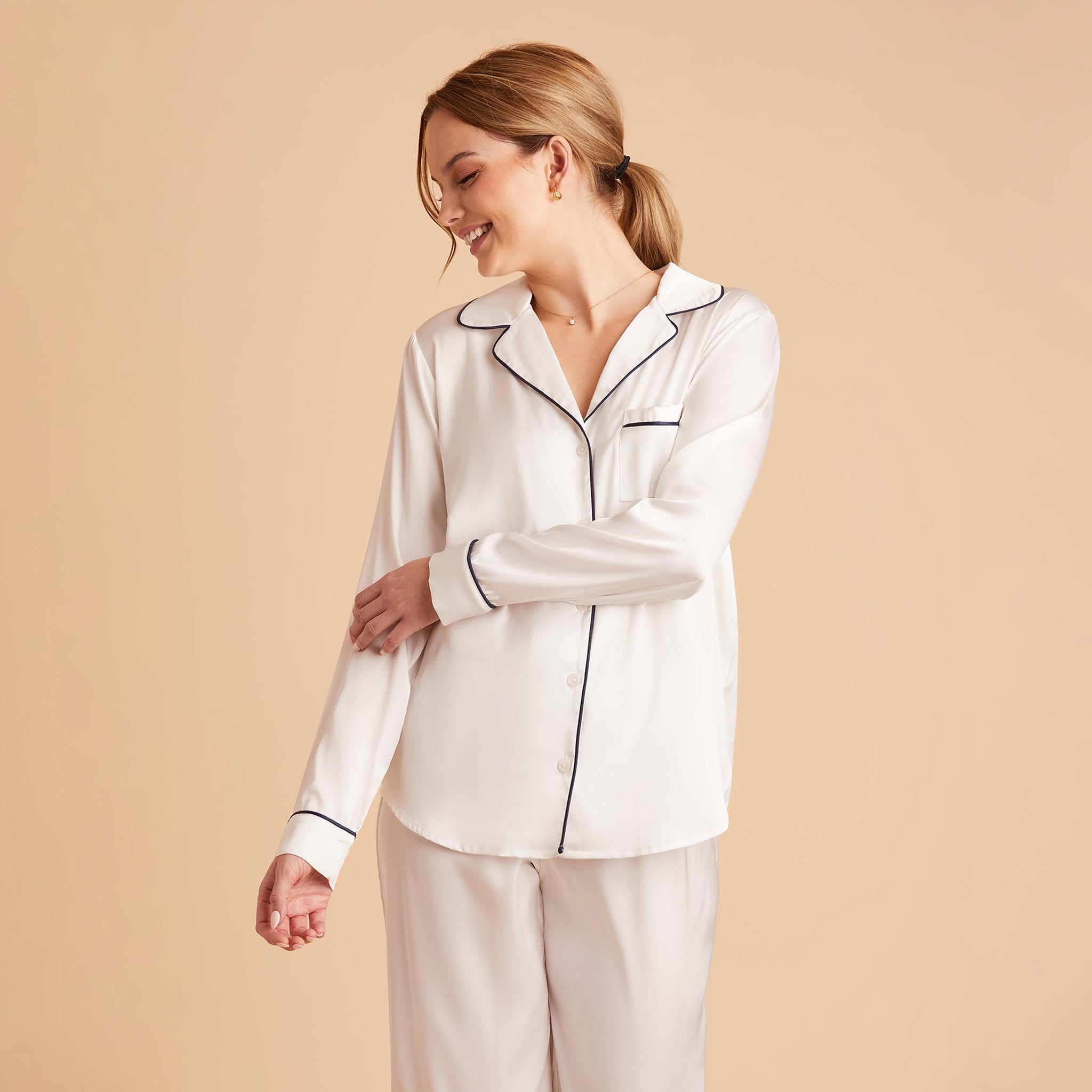 Jonny Satin Long Sleeve Pajama Top With White Piping in ivory, front view