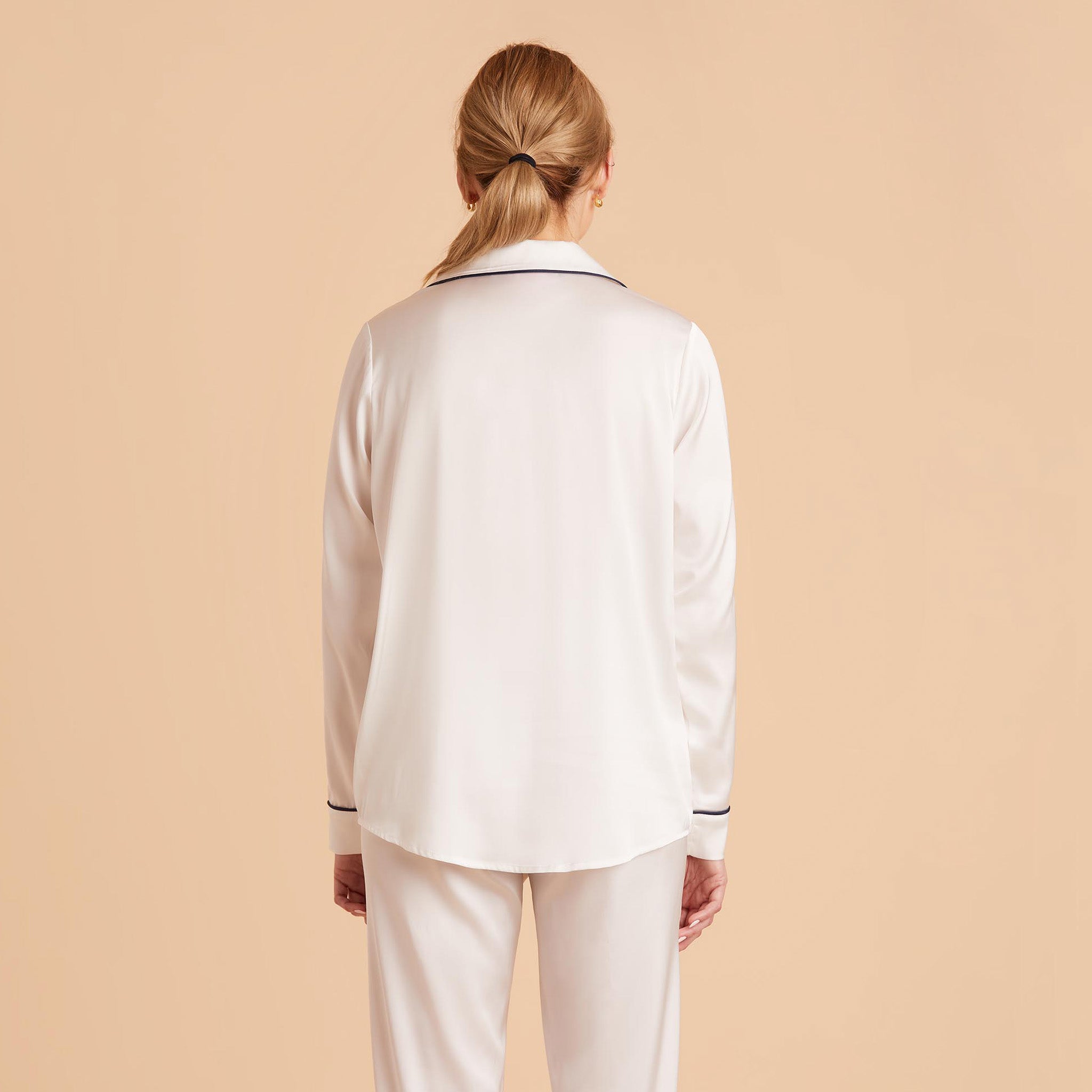 Jonny Satin Long Sleeve Pajama Top With White Piping in ivory, back view