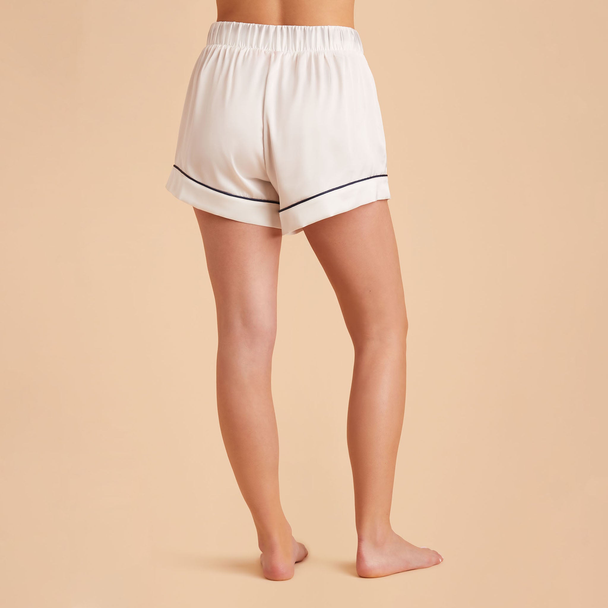 Jonny Satin Shorts Bridesmaid Pajamas With navy Piping in ivory, back view