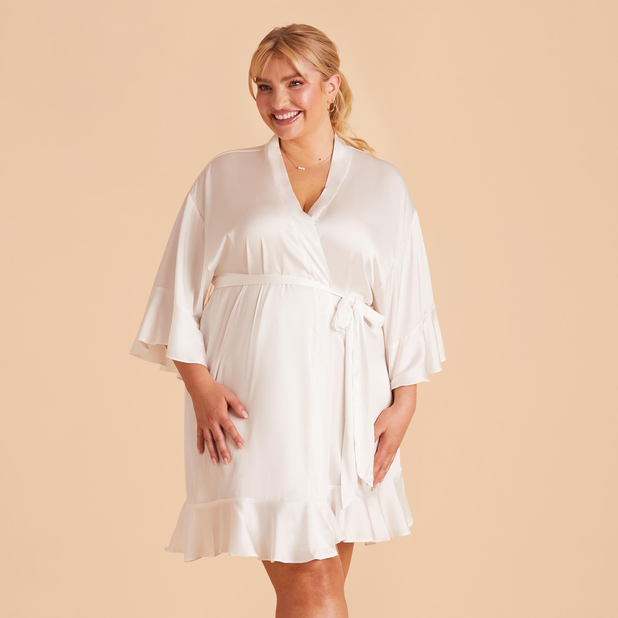 Kenny Ruffle Robe in ivory satin by Birdy Grey, front view