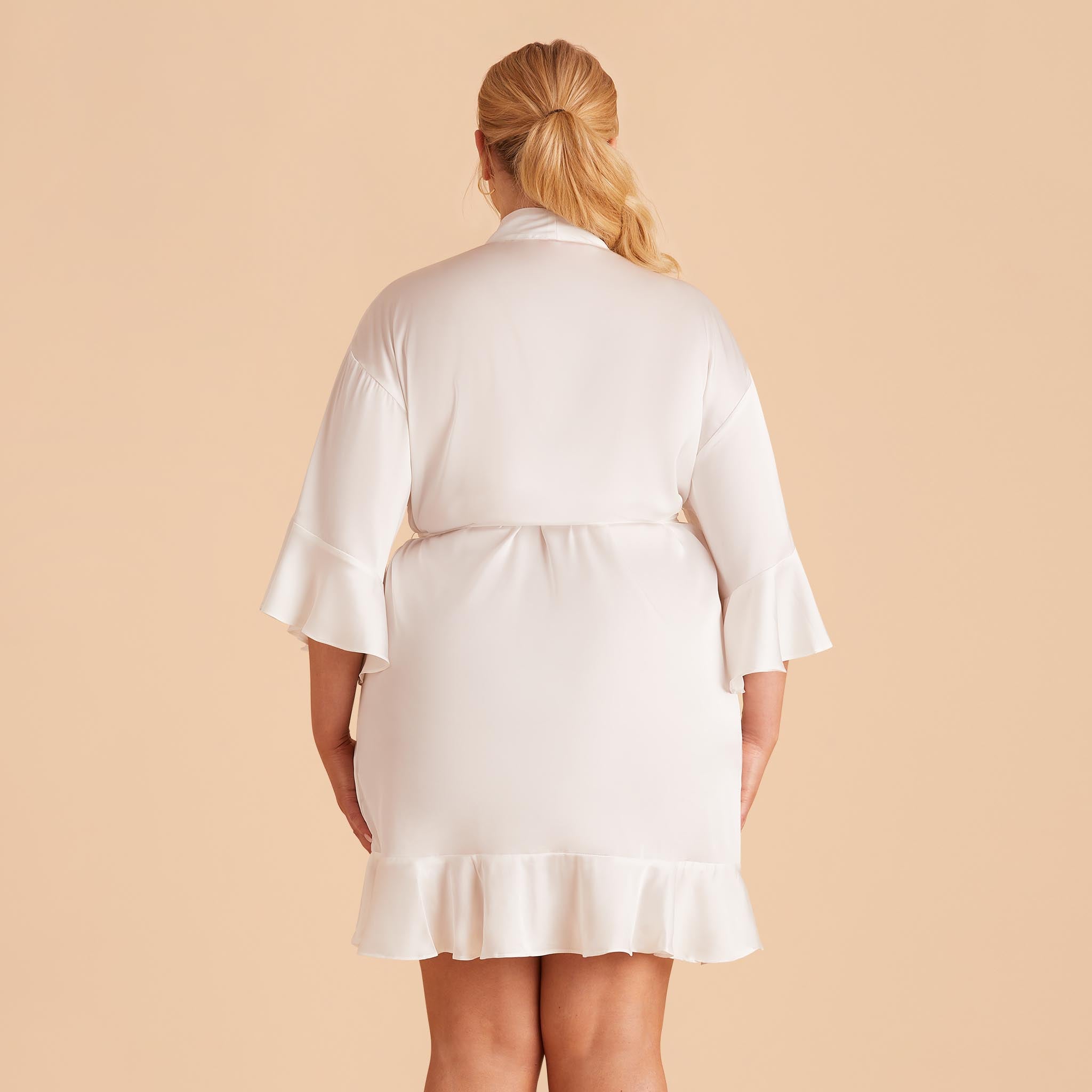 Kenny Ruffle Robe in ivory satin by Birdy Grey, back view