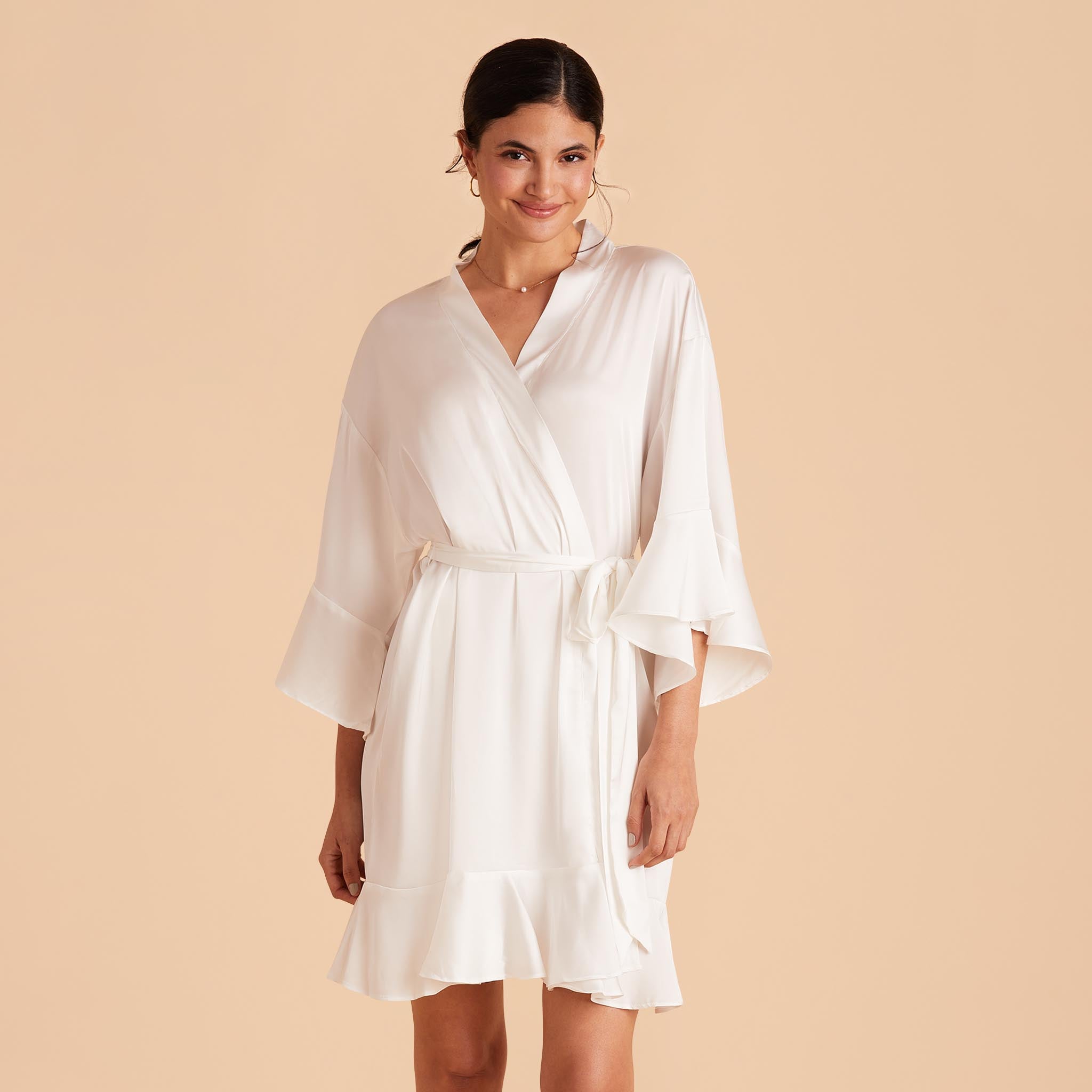 Kenny Ruffle Robe in ivory satin by Birdy Grey, front view