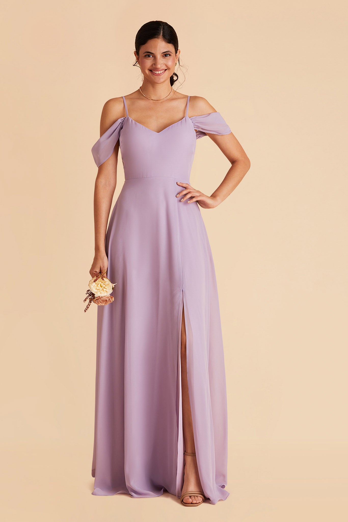 Devin convertible bridesmaid dress with slit in lavender chiffon by Birdy Grey, front view