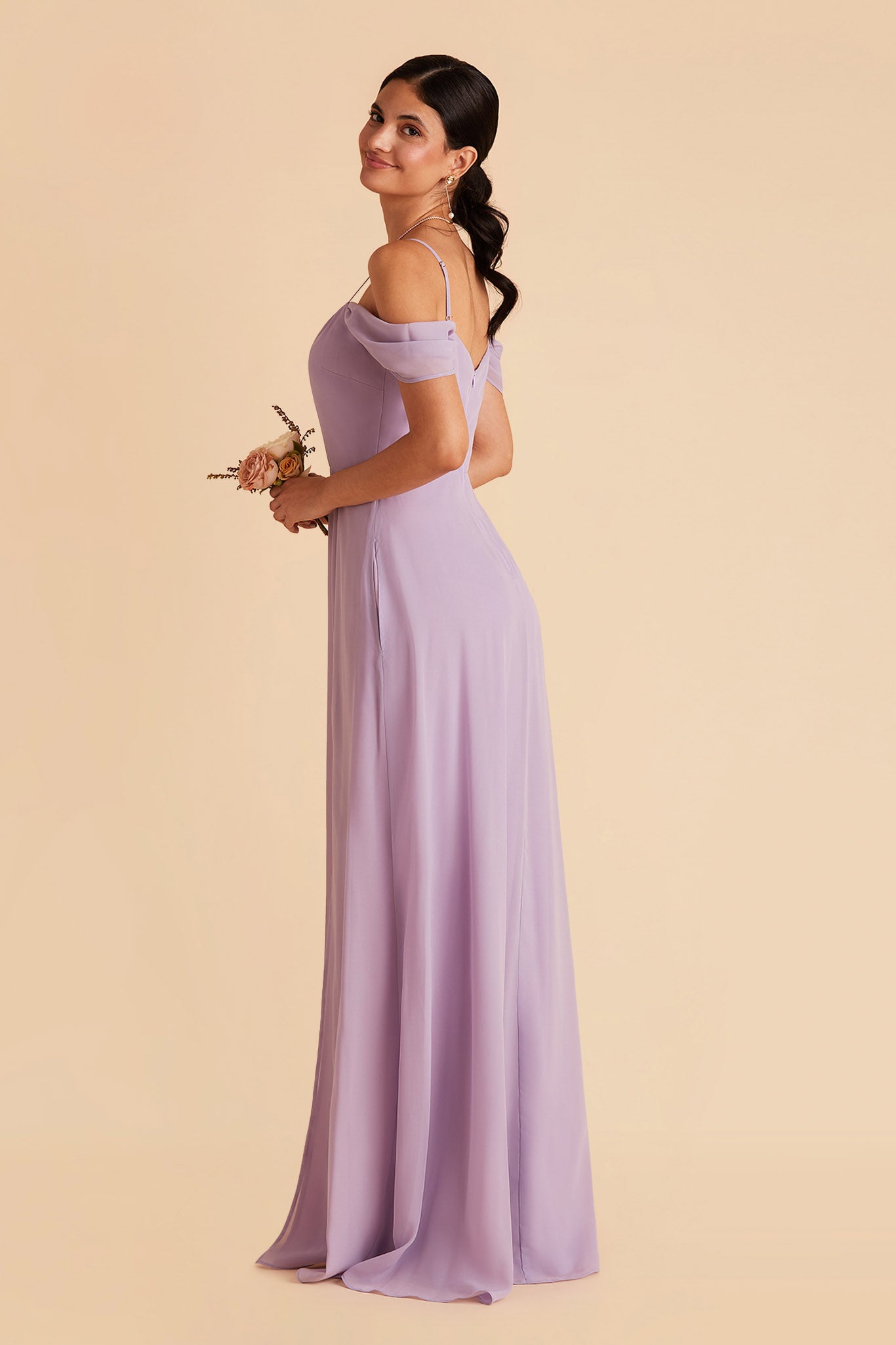 Devin convertible bridesmaid dress with slit in lavender chiffon by Birdy Grey, side view