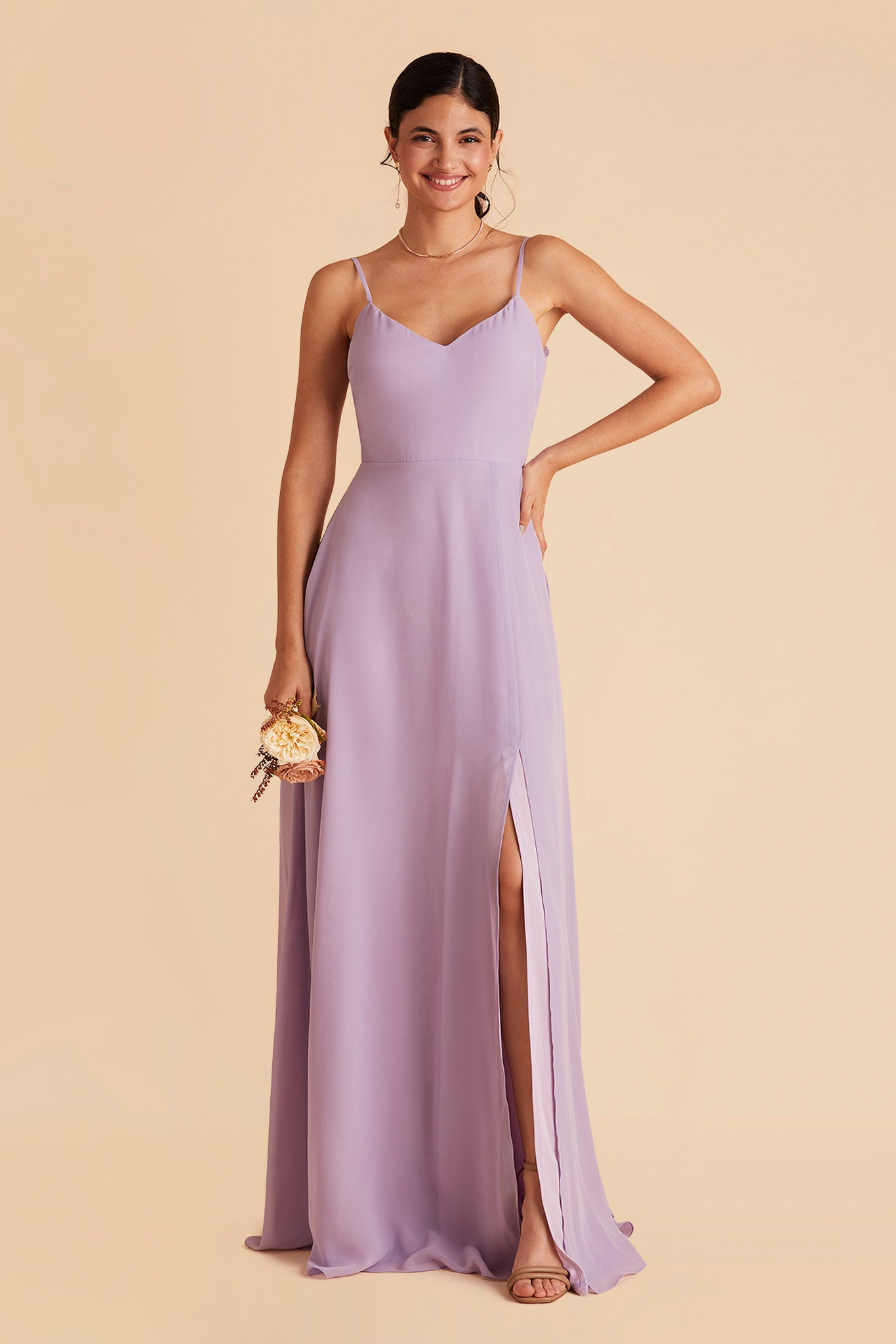 Devin convertible bridesmaid dress with slit in lavender chiffon by Birdy Grey, front view