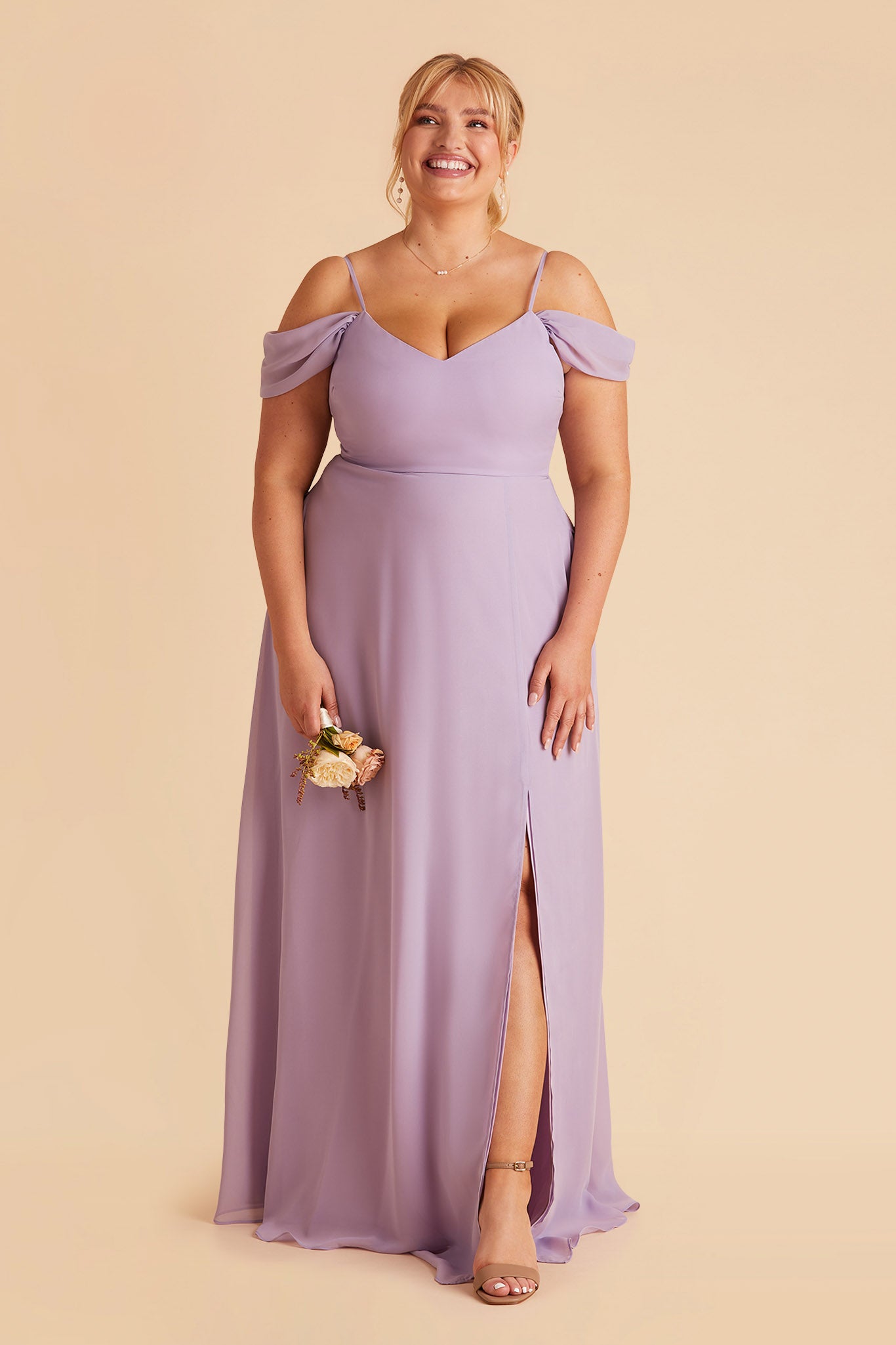 Devin plus size convertible bridesmaid dress with slit in lavender chiffon by Birdy Grey, front view