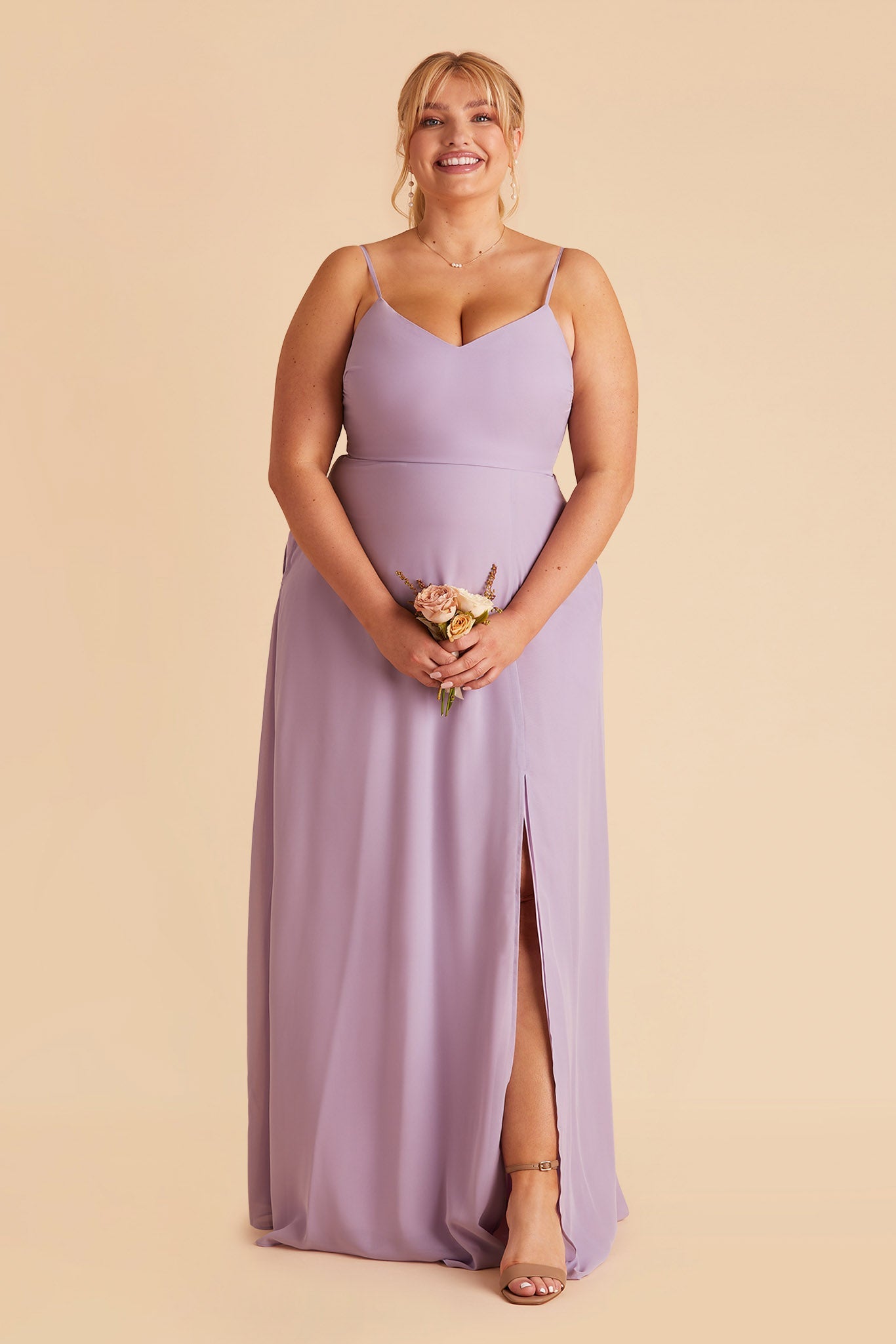 Devin plus size convertible bridesmaid dress with slit in lavender chiffon by Birdy Grey, front view