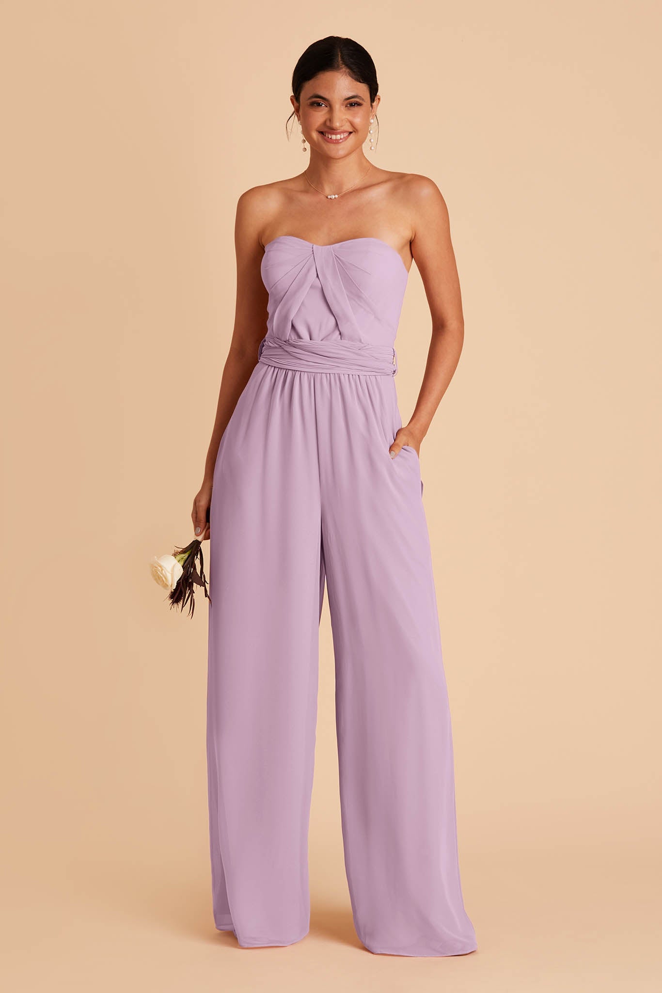 lavender wedding jumpsuit with sweetheart bodice with convertible neckline