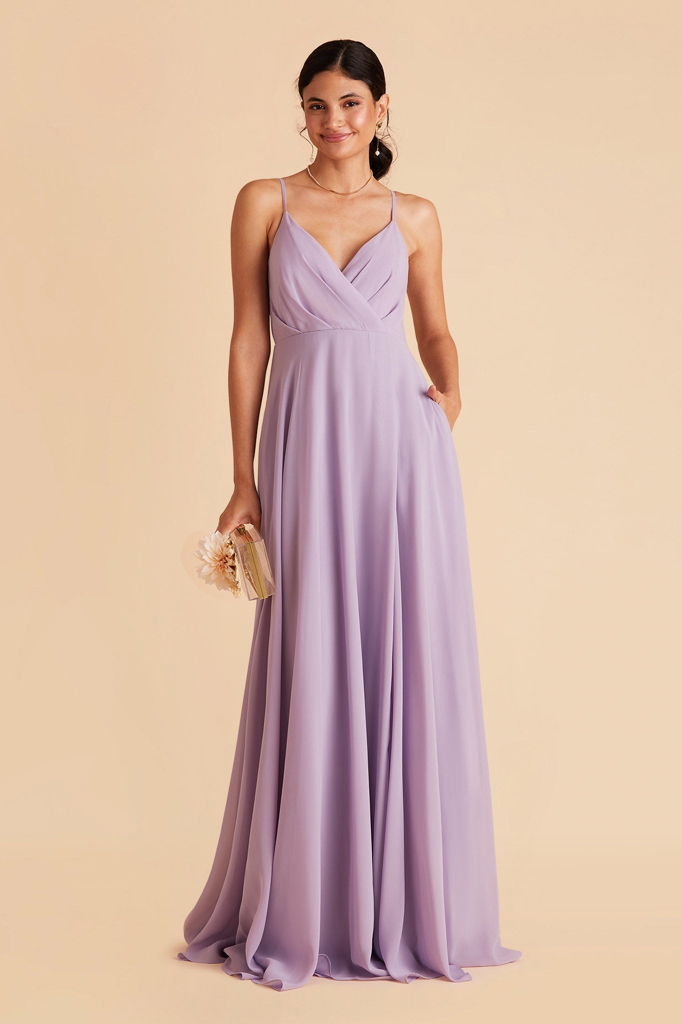 Kaia bridesmaid dress with slit in lavender chiffon by Birdy Grey, front view