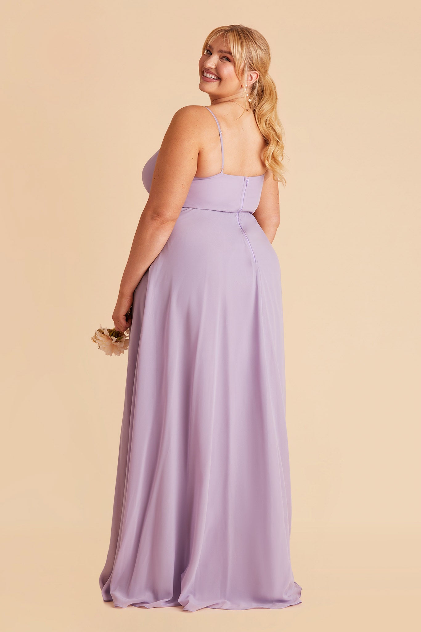 Kaia plus size bridesmaids dress in lavender chiffon by Birdy Grey, back view