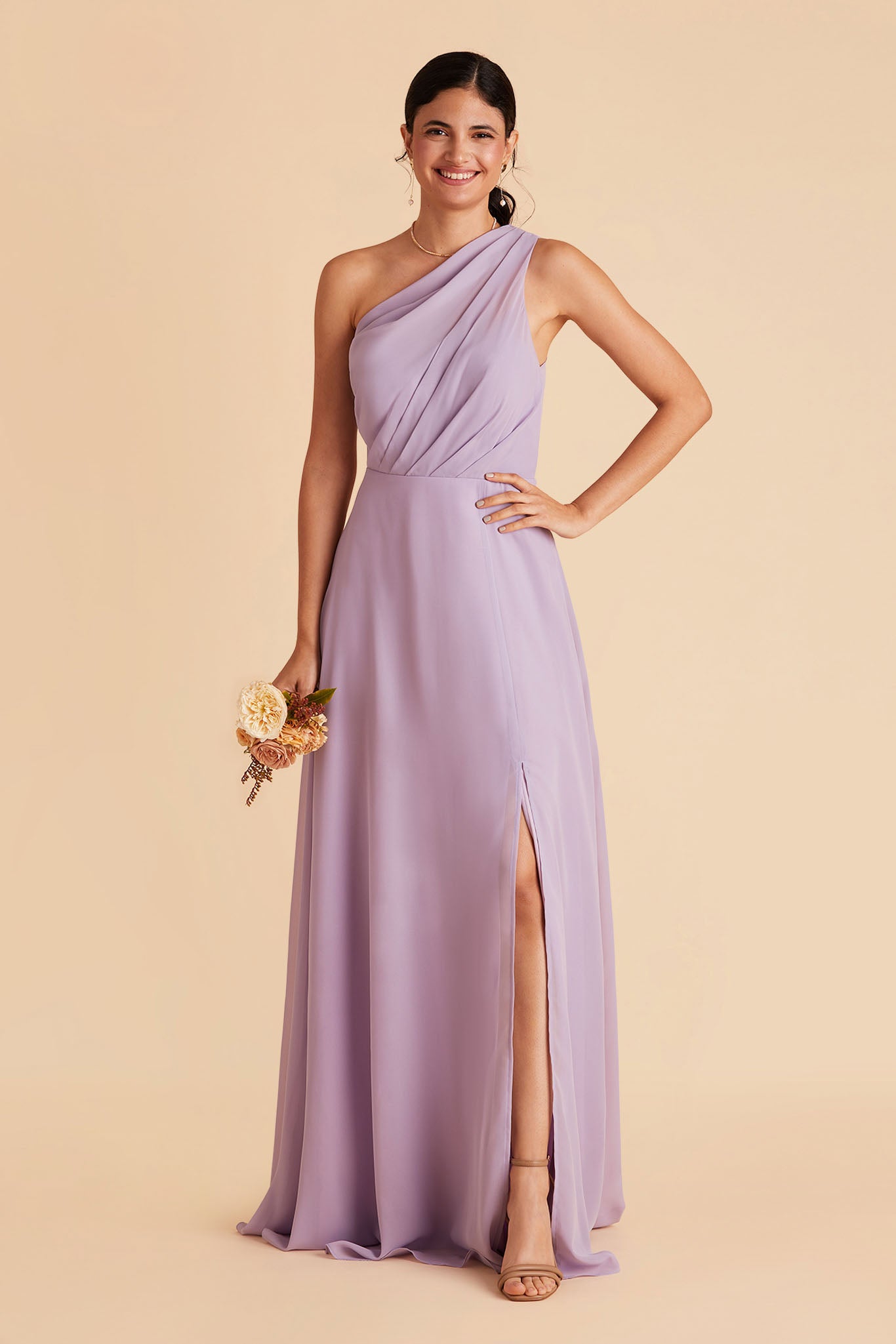 Kira bridesmaid dress with slit in lavender chiffon by Birdy Grey, front view