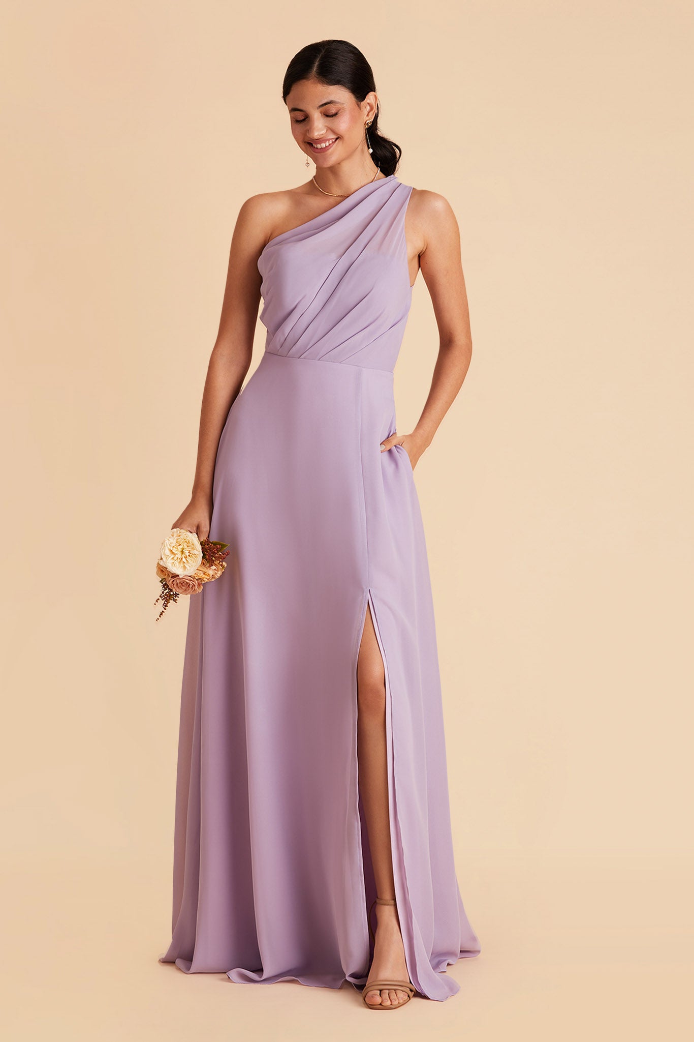 Kira bridesmaid dress with slit in lavender chiffon by Birdy Grey, front view