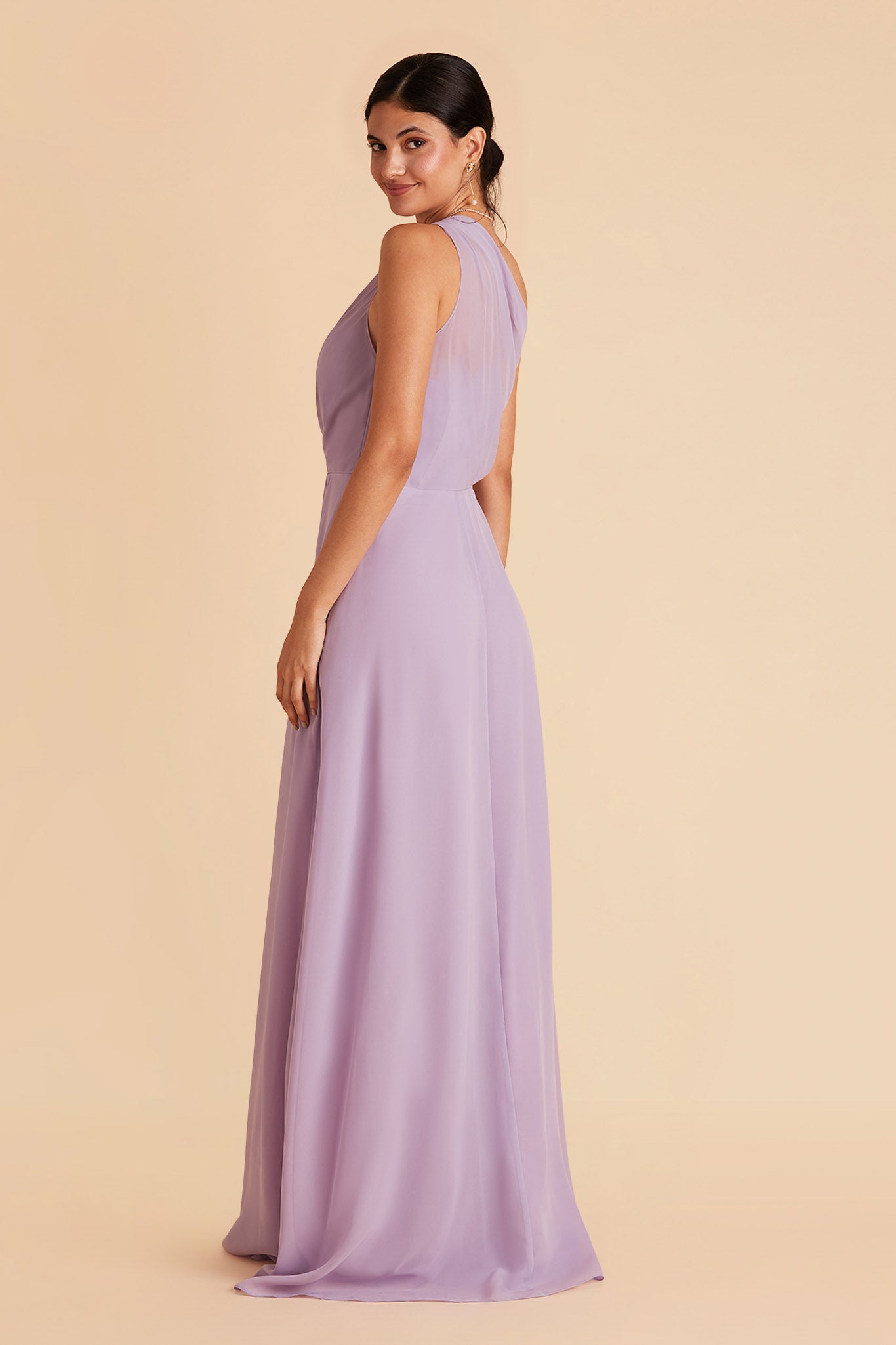 Kira bridesmaid dress with slit in lavender chiffon by Birdy Grey, side view