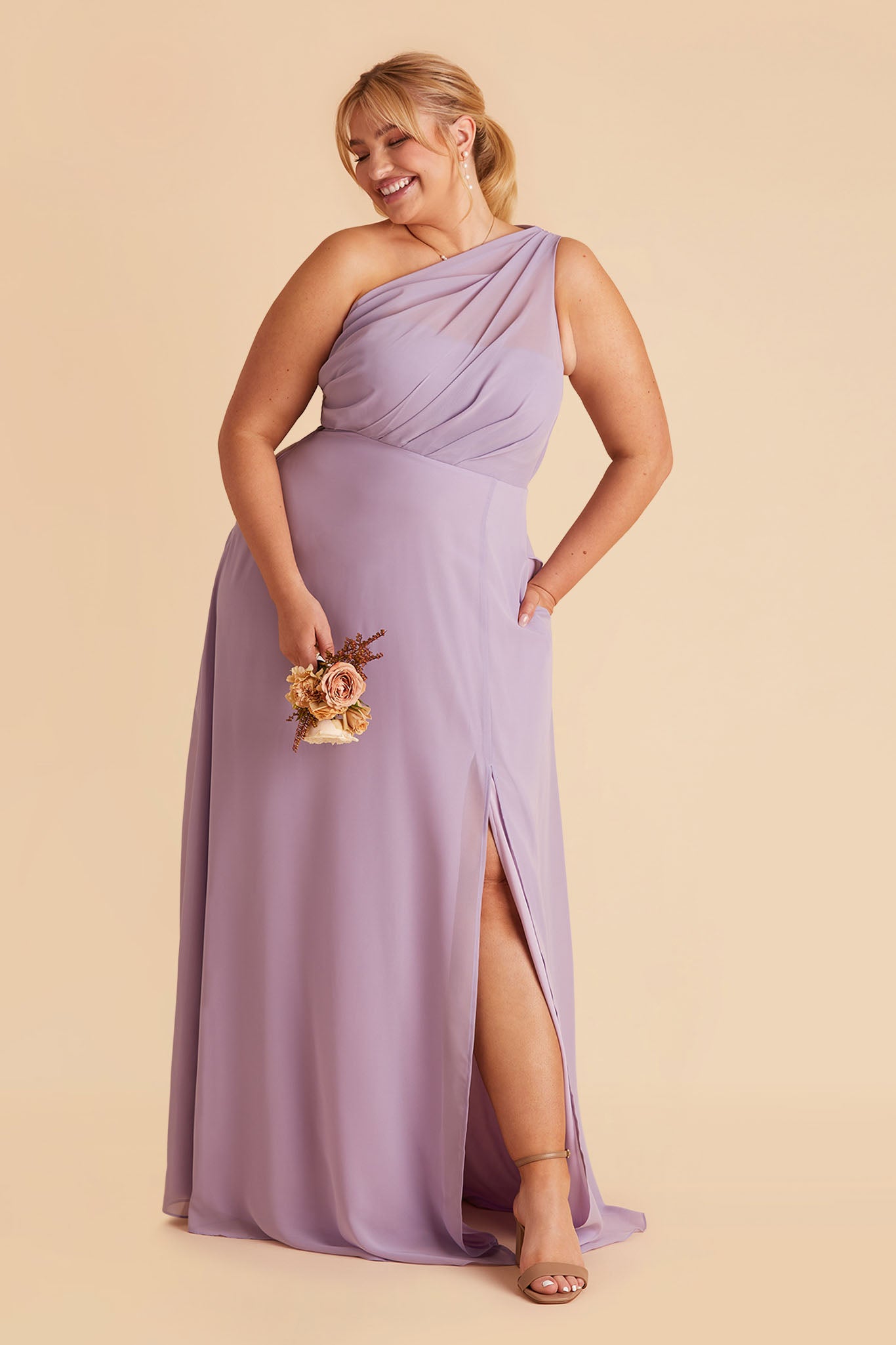 Kira plus size bridesmaid dress with slit in lavender chiffon by Birdy Grey, front view