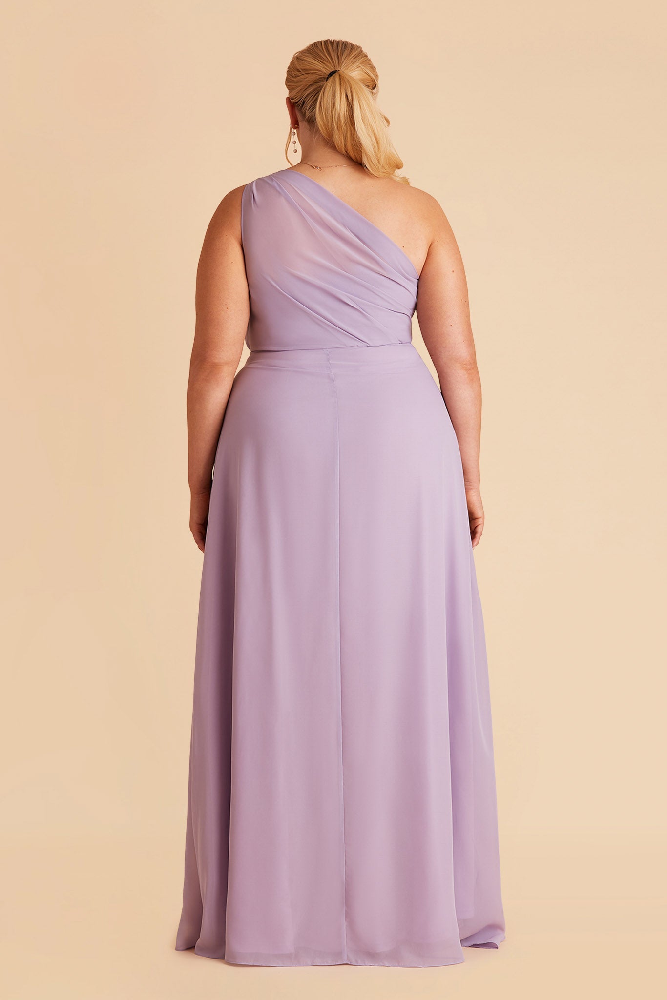 Kira plus size bridesmaid dress with slit in lavender chiffon by Birdy Grey, back view