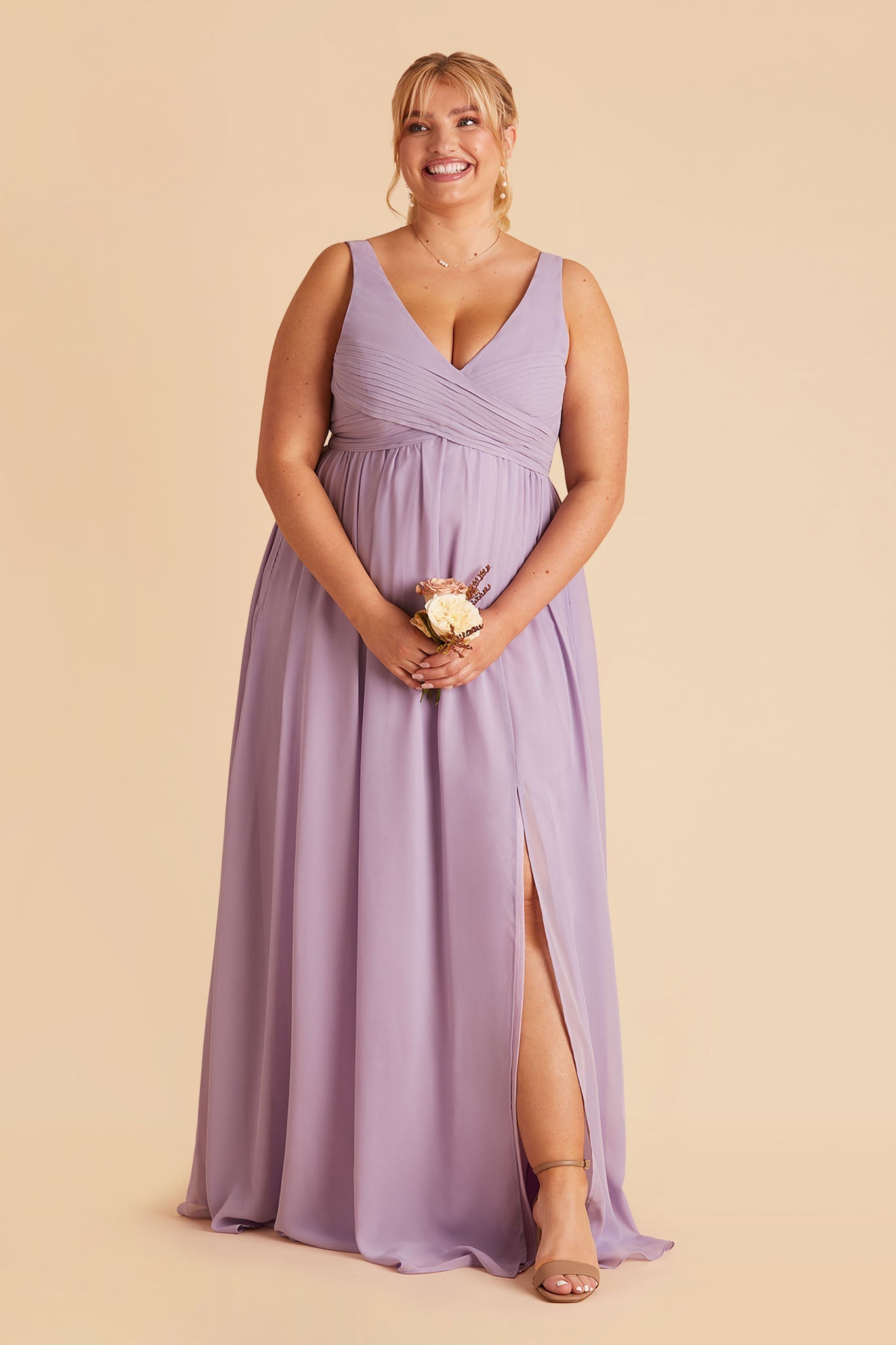 Laurie Empire plus size maternity bridesmaid dress with slit in lavender by Birdy Grey, front view