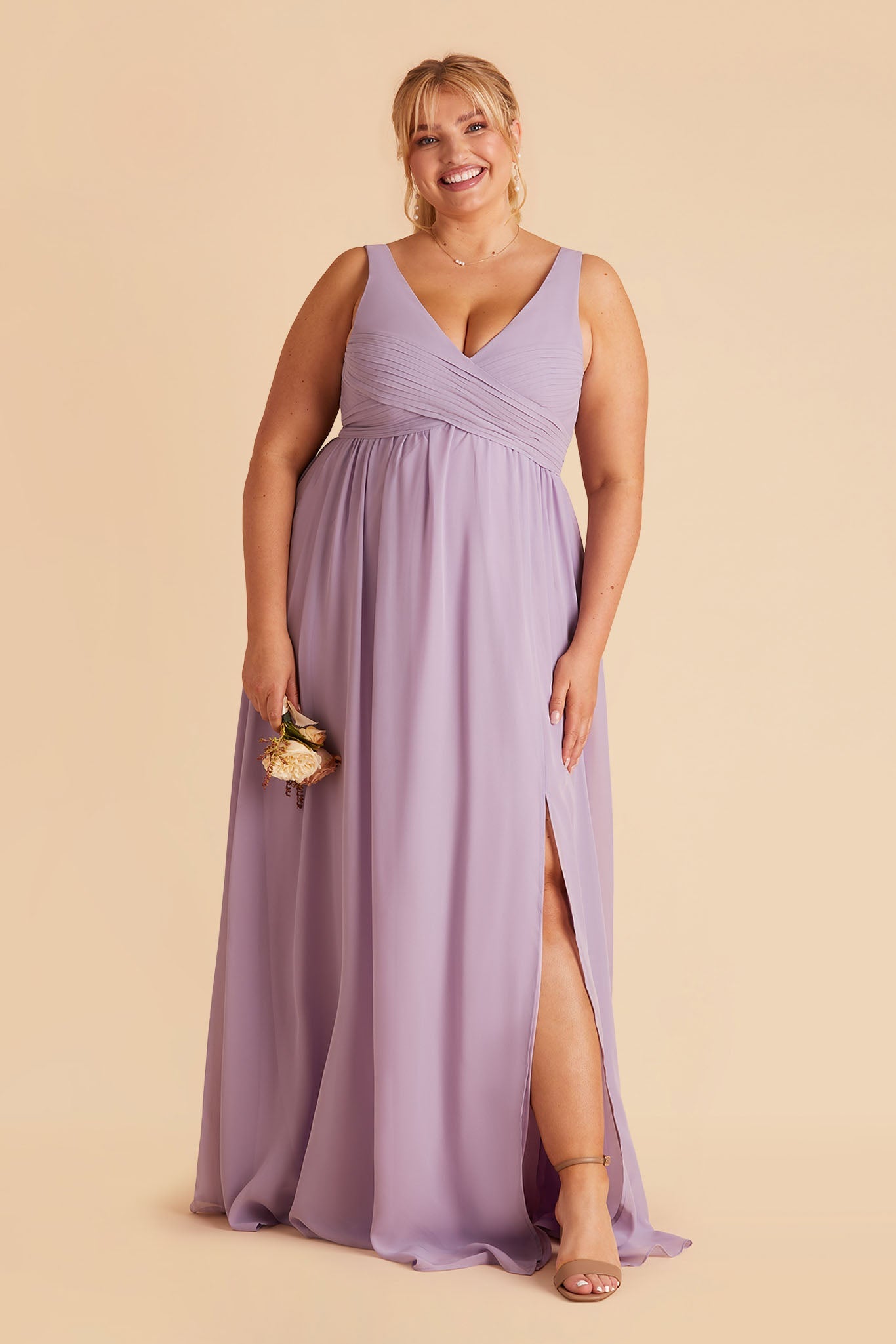 Laurie Empire plus size maternity bridesmaid dress with slit in lavender by Birdy Grey, front view