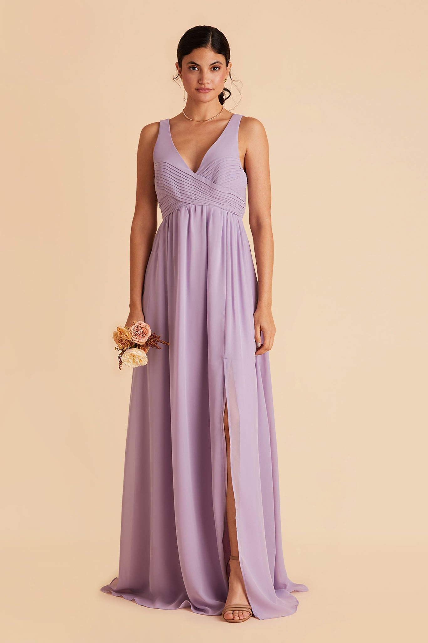 Laurie Empire maternity bridesmaid dress with slit in lavender by Birdy Grey, front view