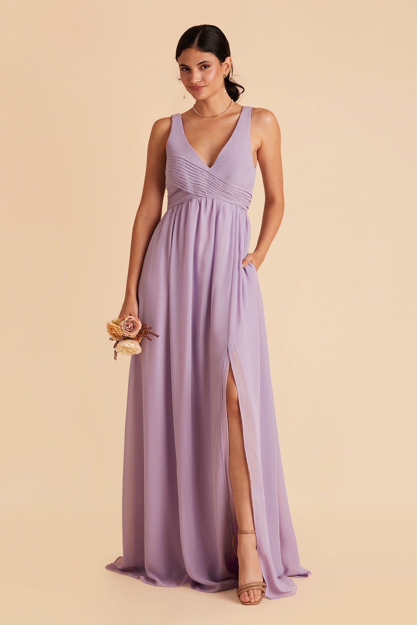 Laurie Empire maternity bridesmaid dress with slit in lavender by Birdy Grey, front view