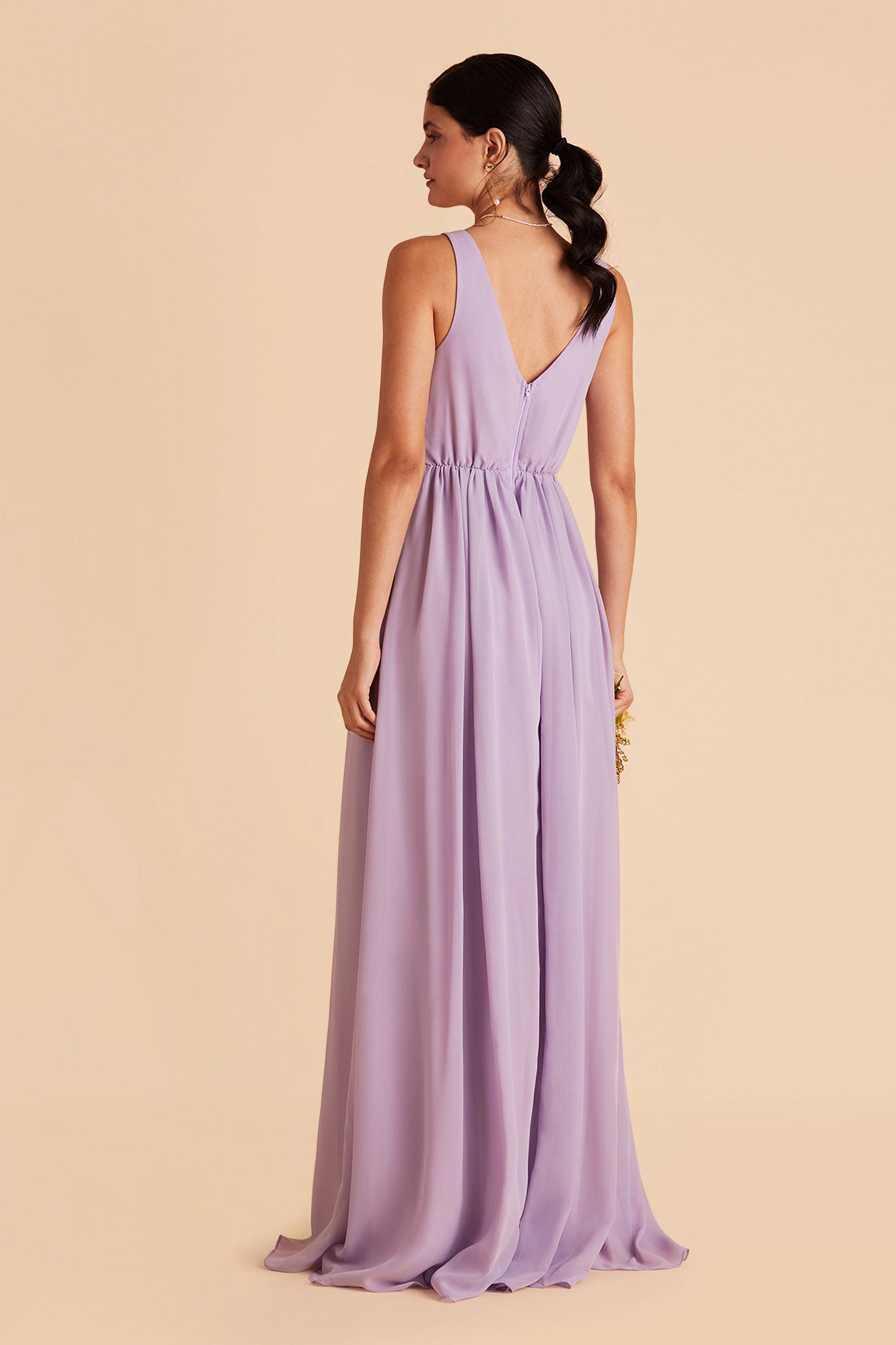 Laurie Empire maternity bridesmaid dress with slit in lavender by Birdy Grey, back view