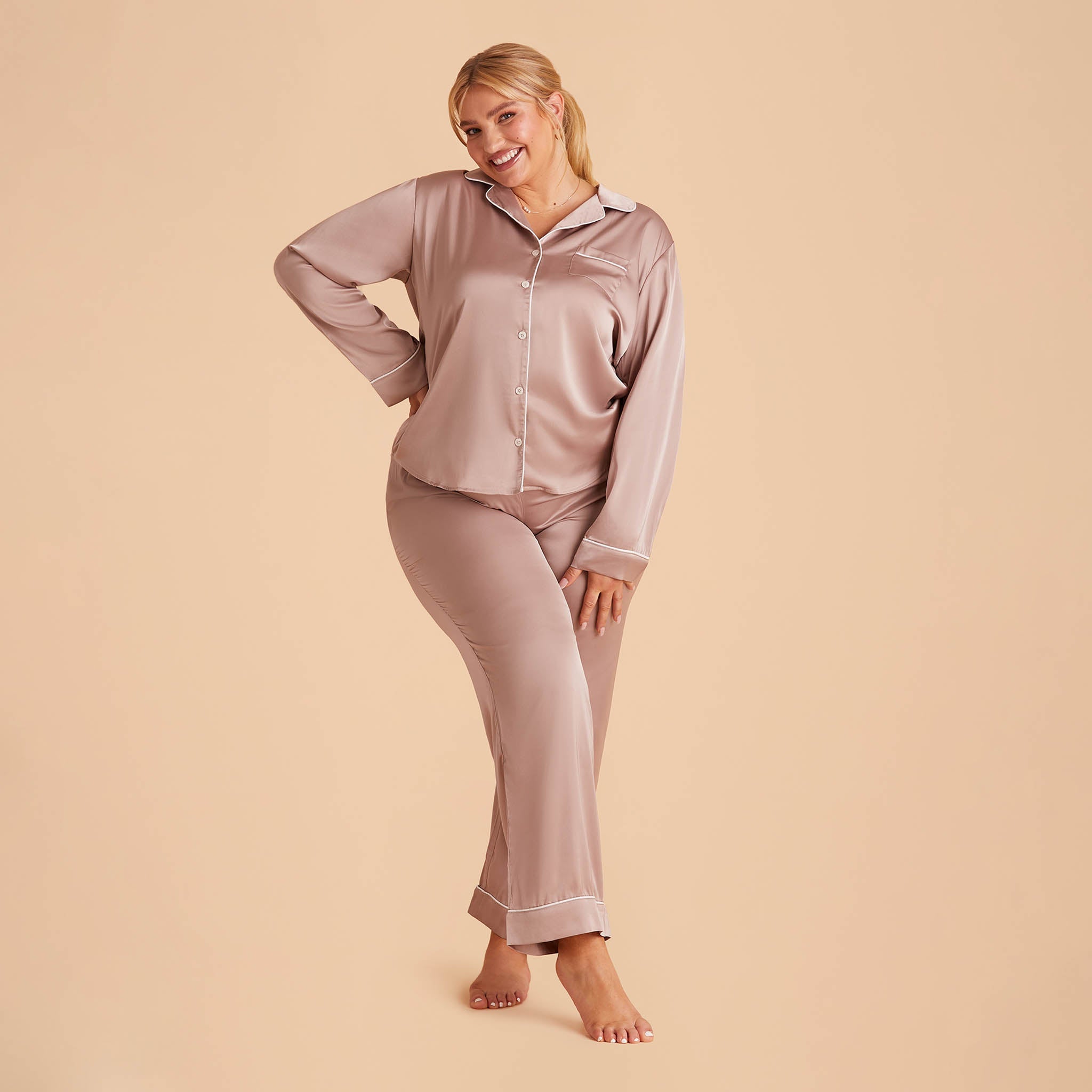 Jonny Plus Size Satin Long Sleeve Pajama Top With White Piping in mauve taupe, front view