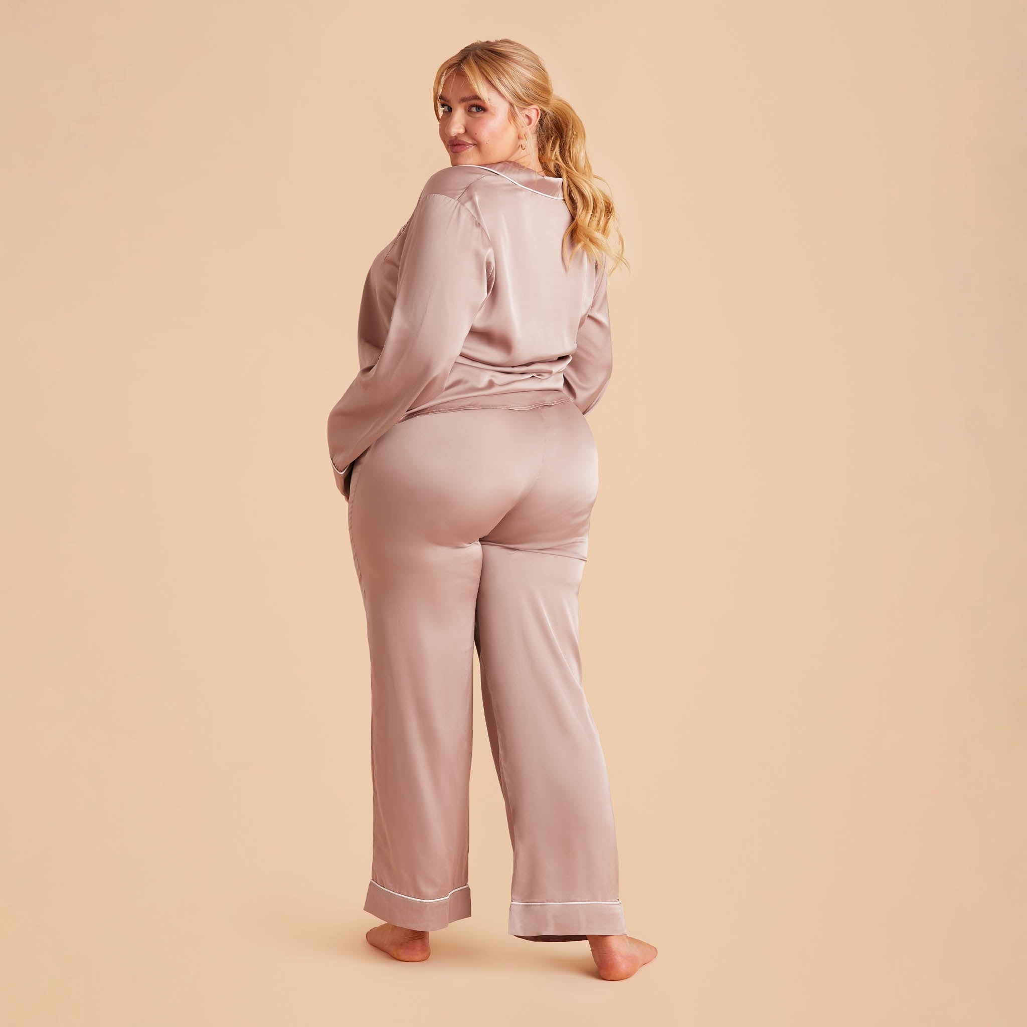 Jonny Plus Size Satin Long Sleeve Pajama Top With White Piping in mauve taupe, back view