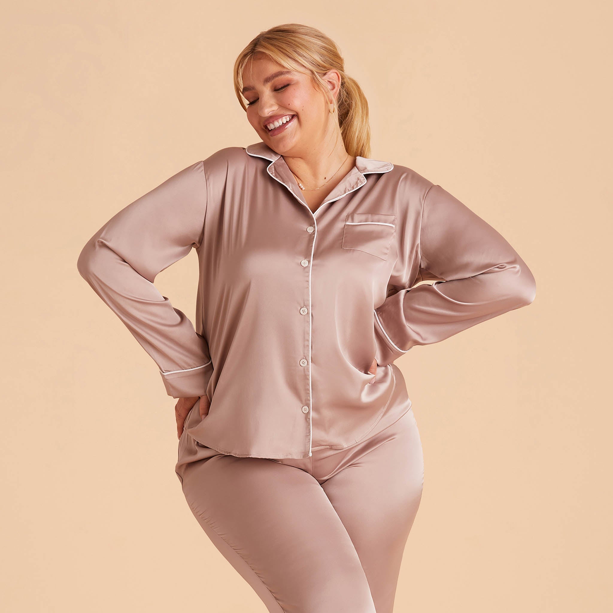 Jonny Plus Size Satin Long Sleeve Pajama Top With White Piping in mauve taupe, front view