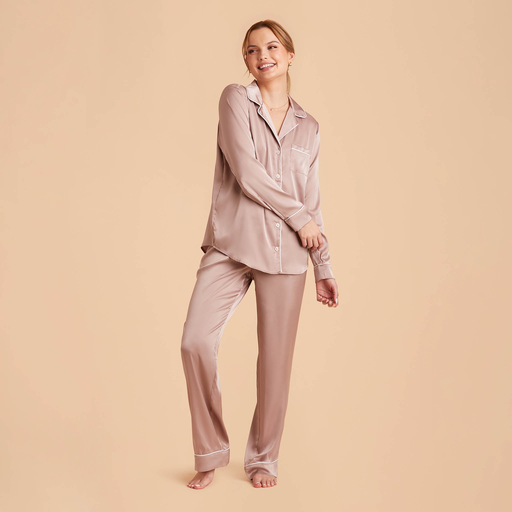 Jonny Satin Long Sleeve Pajama Top With White Piping in mauve taupe, front view