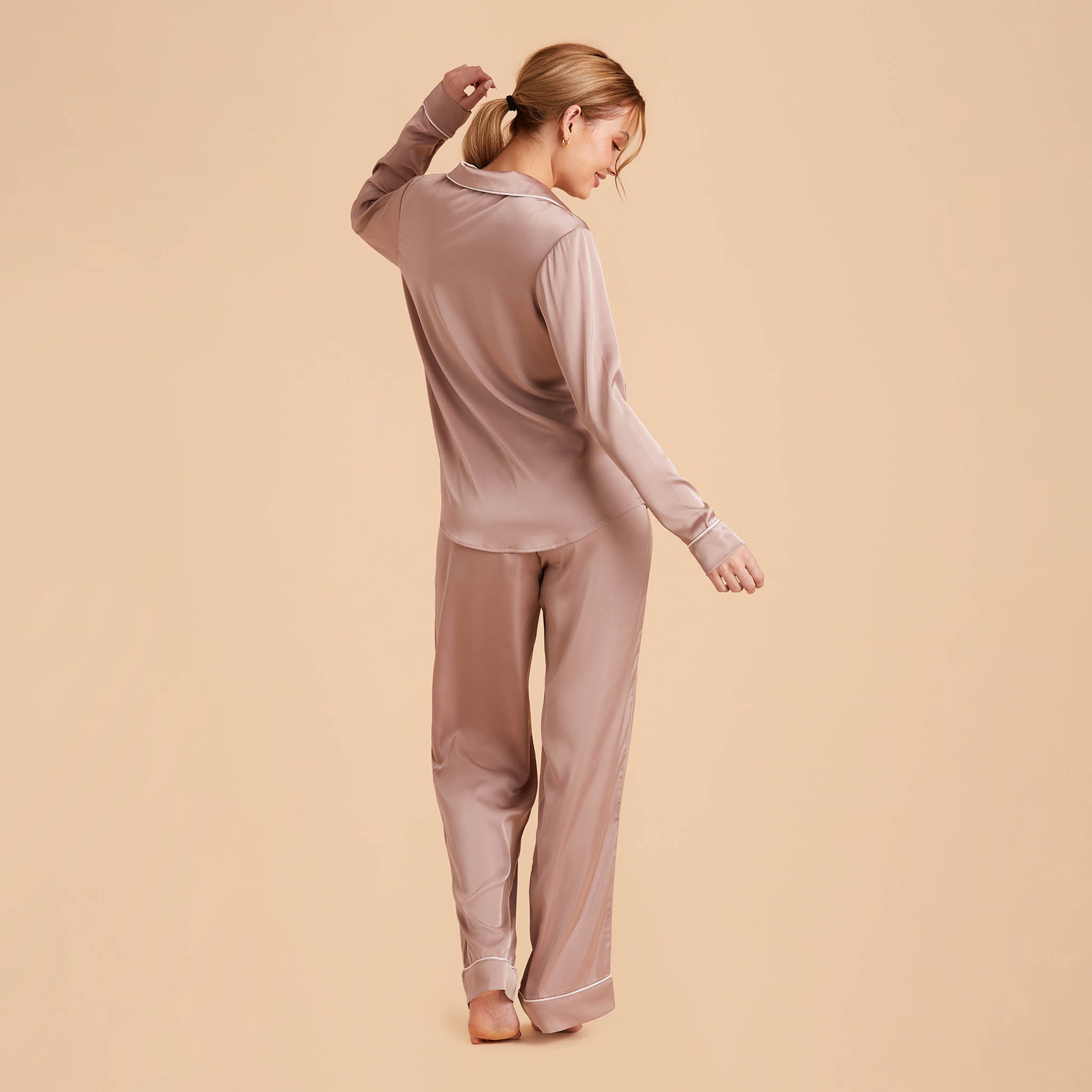 Jonny Satin Long Sleeve Pajama Top With White Piping in mauve taupe, back view