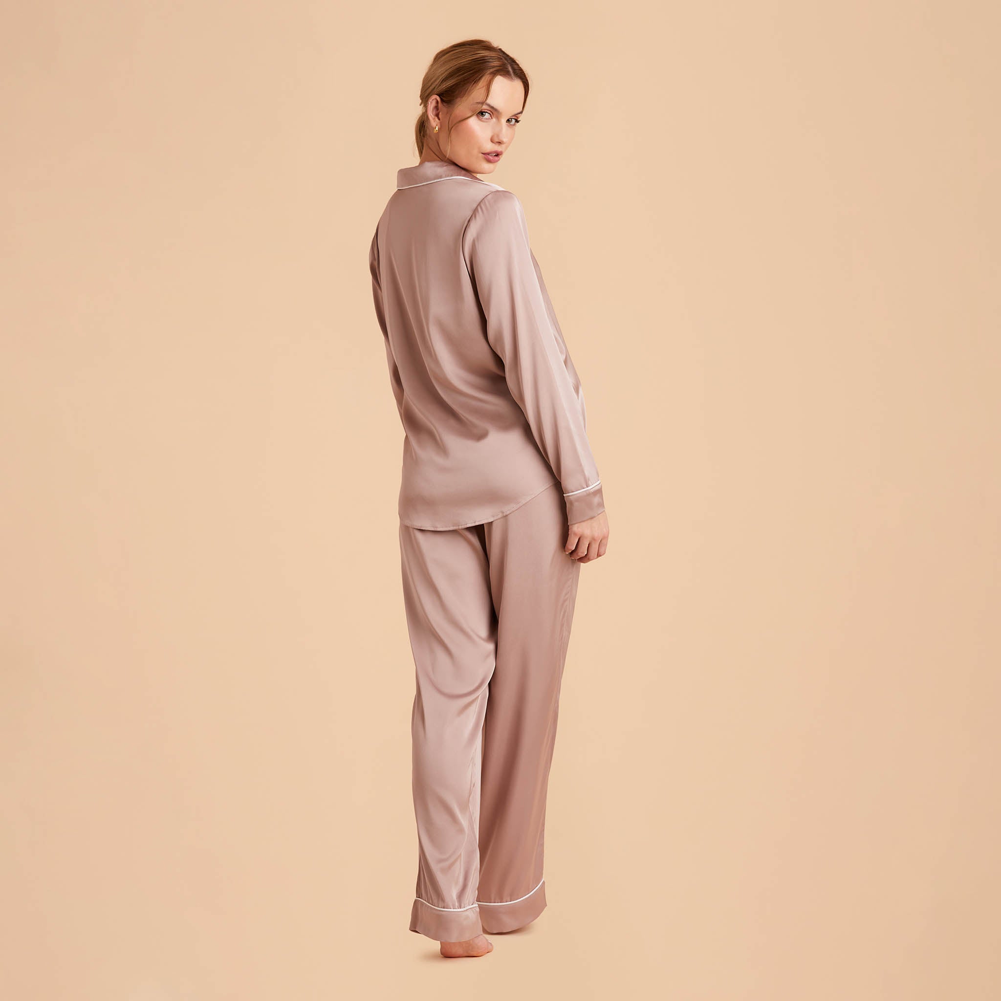 Jonny Satin Long Sleeve Pajama Top With White Piping in mauve taupe, side view