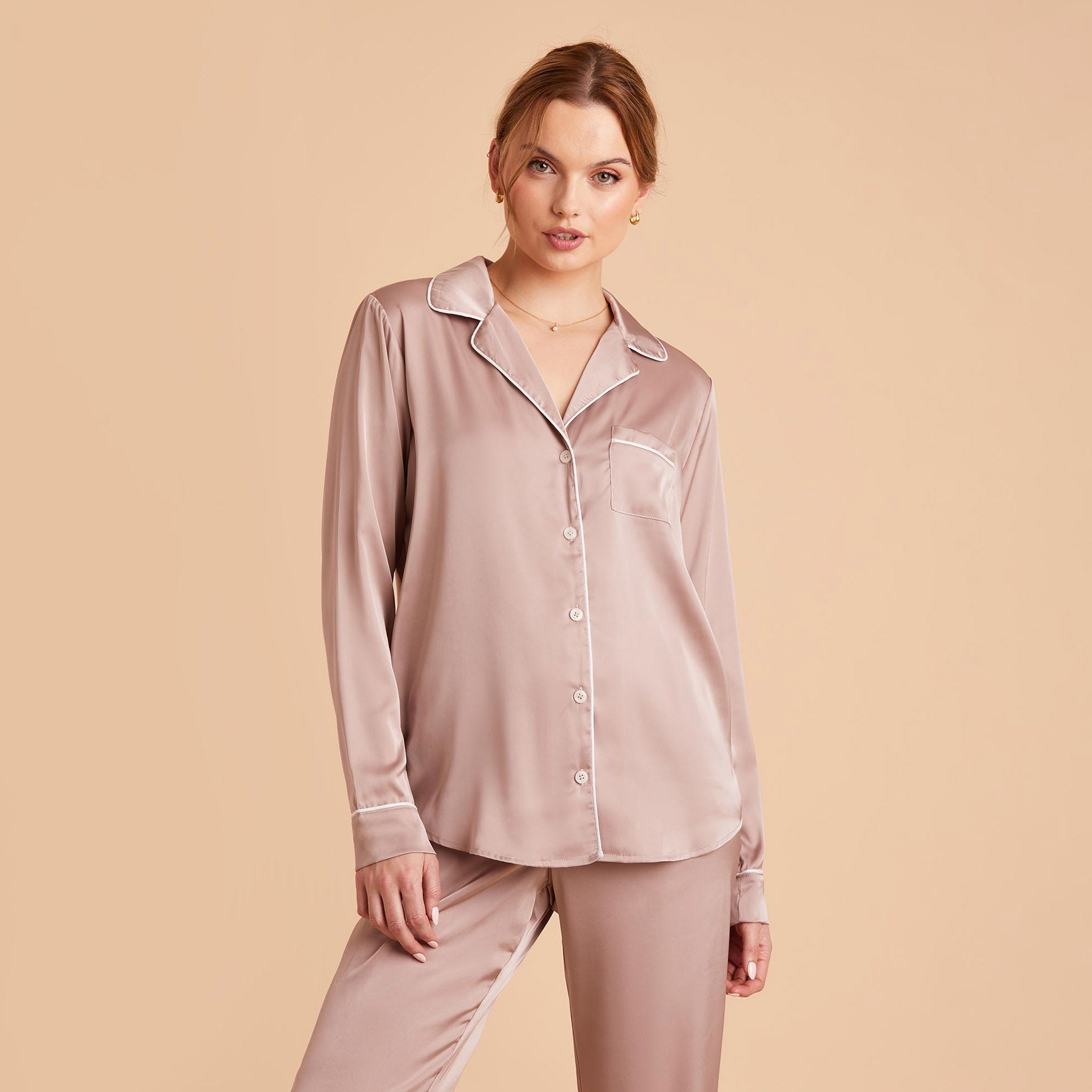 Jonny Satin Long Sleeve Pajama Top With White Piping in mauve taupe, front view