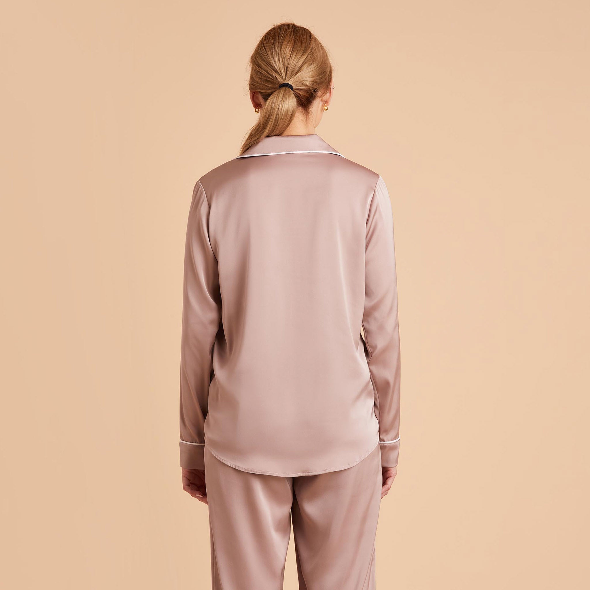 Jonny Satin Long Sleeve Pajama Top With White Piping in mauve taupe, back view