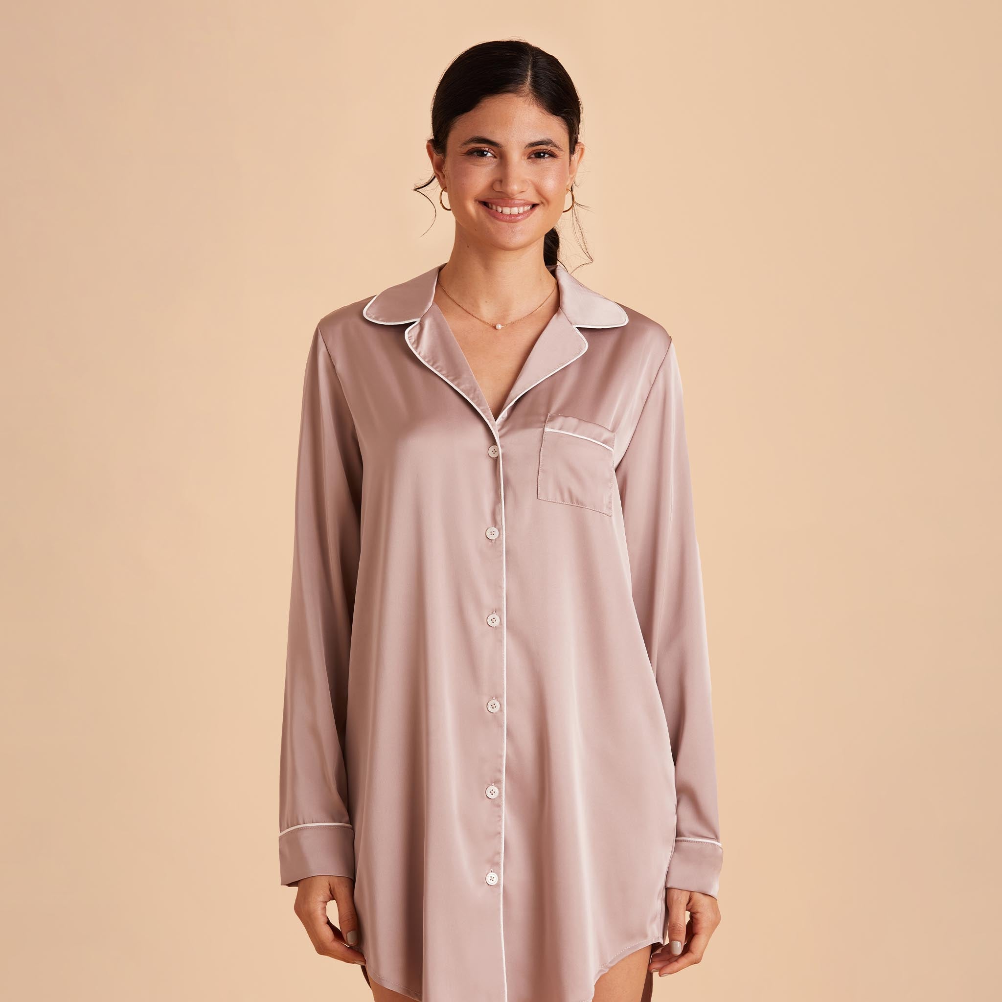 Satin Sleepshirt in mauve taupe by Birdy Grey, front view