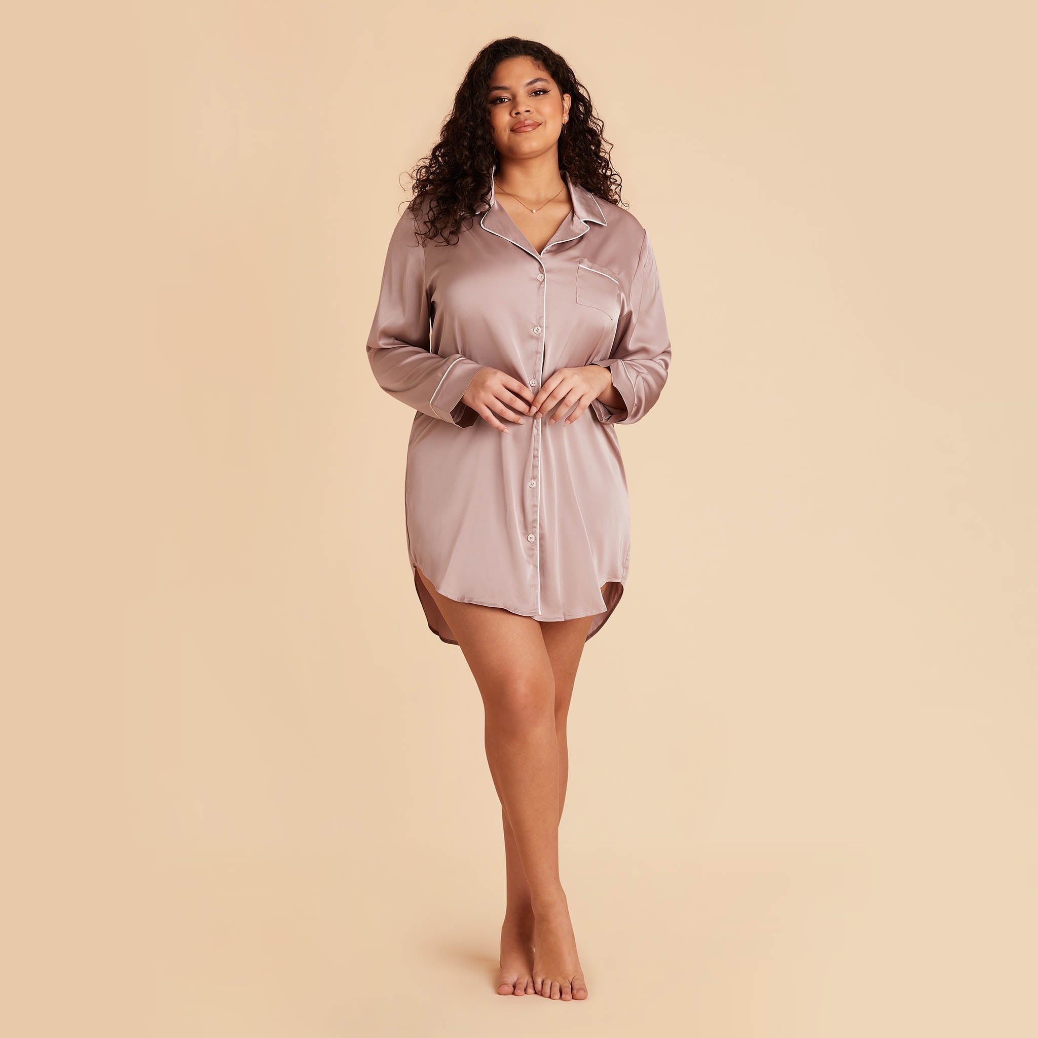Plus Size Satin Sleepshirt in mauve taupe by Birdy Grey, front view