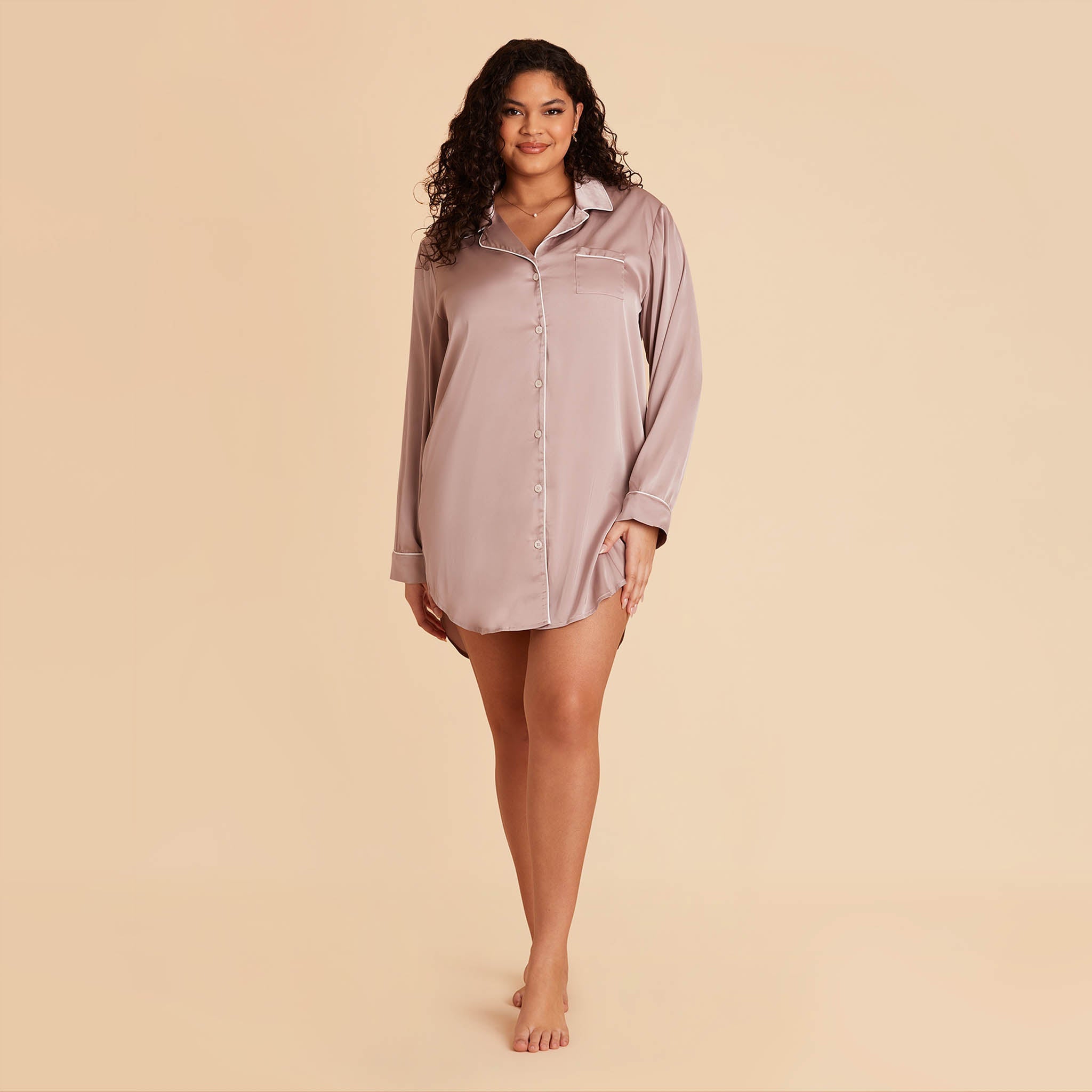 Plus Size Satin Sleepshirt in mauve taupe by Birdy Grey, front view