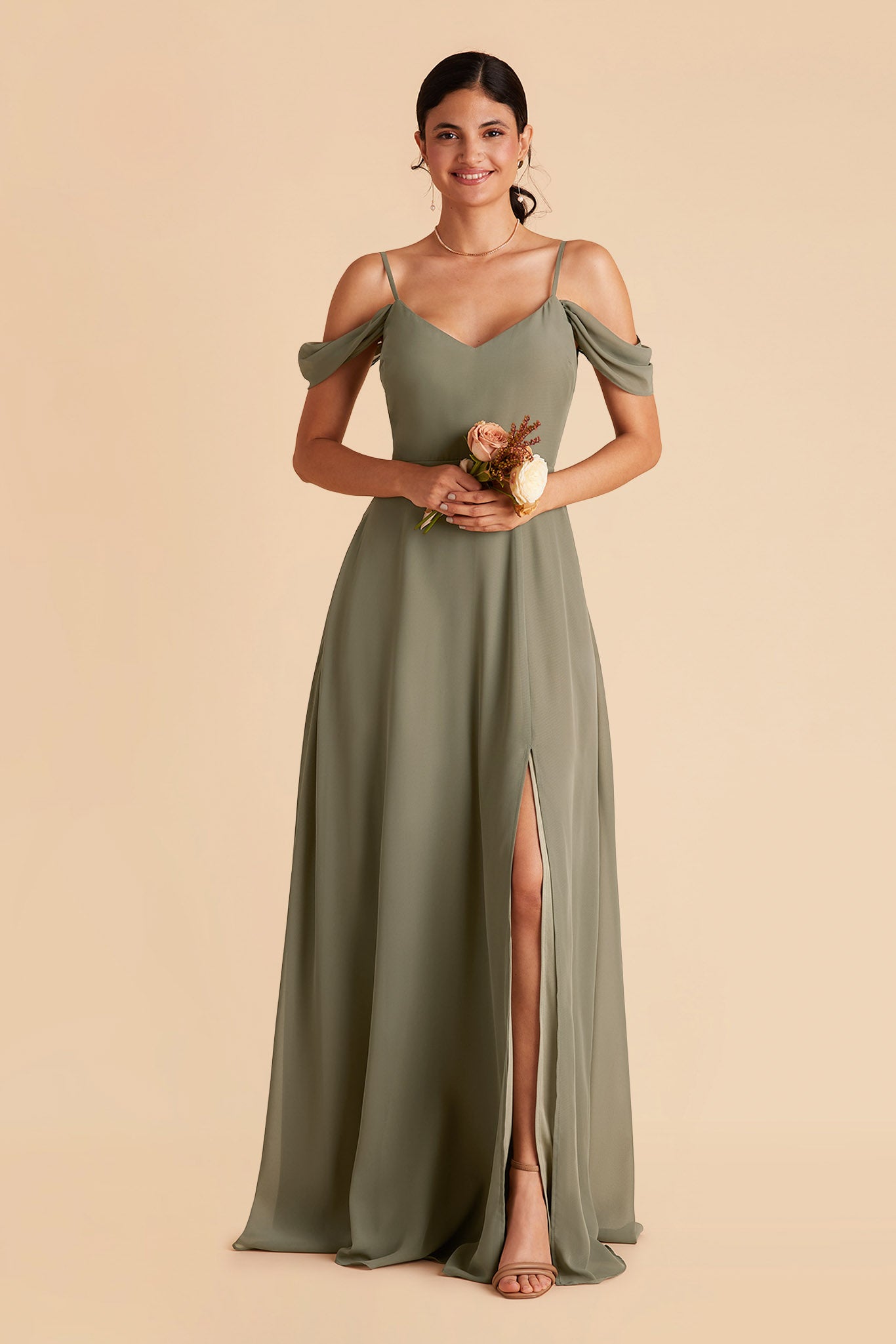 Devin convertible bridesmaid dress with slit in moss green chiffon by Birdy Grey, front view