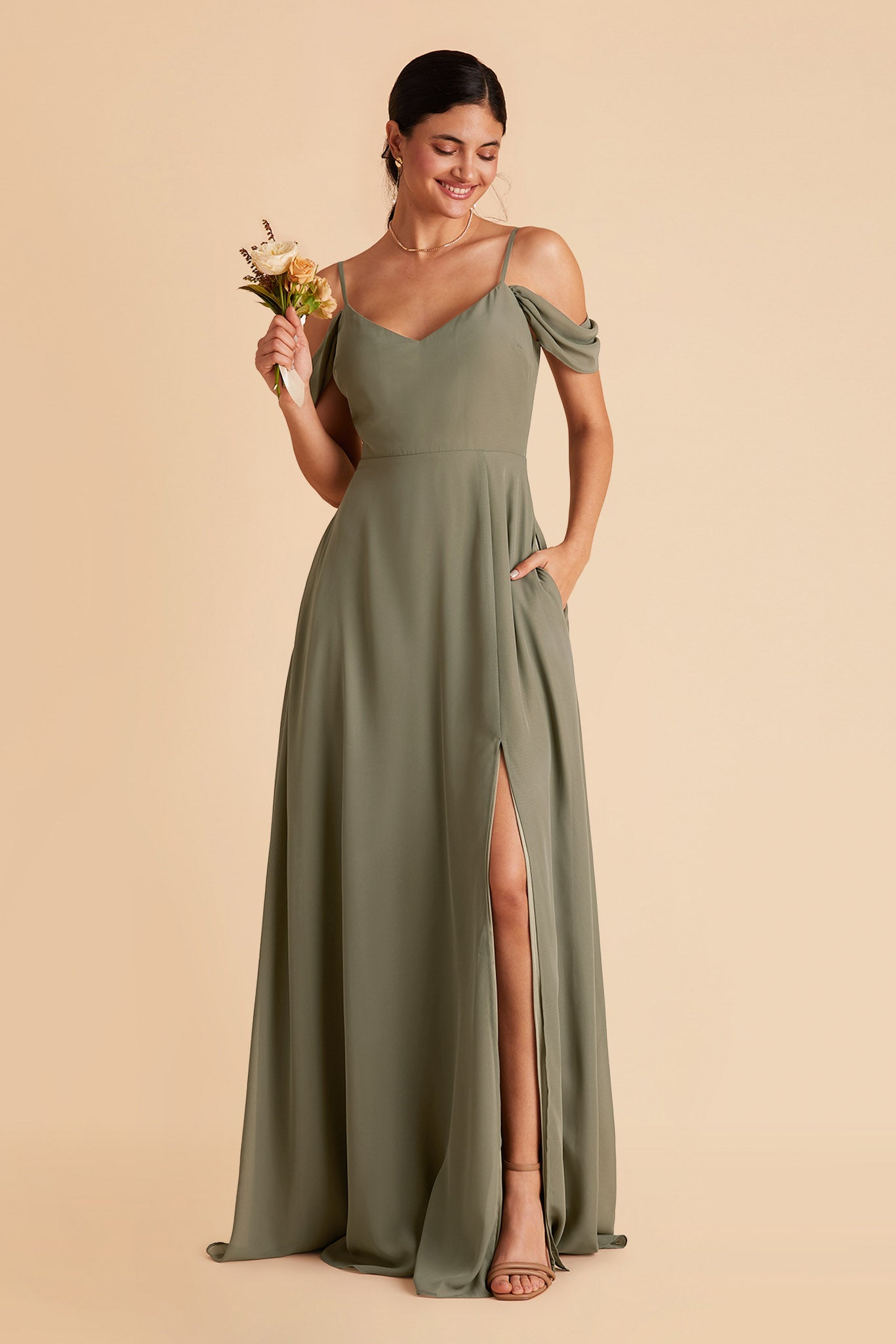 Devin bridesmaid dress with slit in moss green chiffon by Birdy Grey, front view