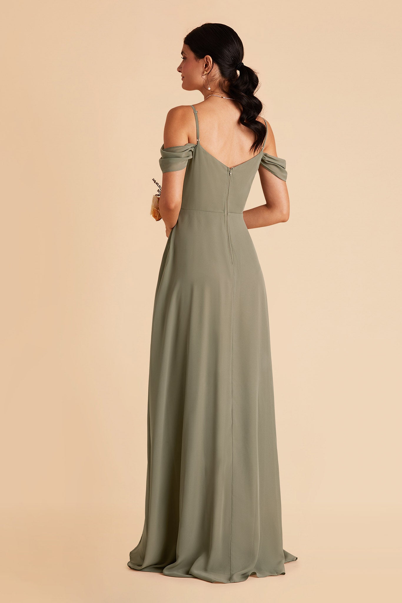 Devin convertible bridesmaid dress with slit in moss green chiffon by Birdy Grey, back view