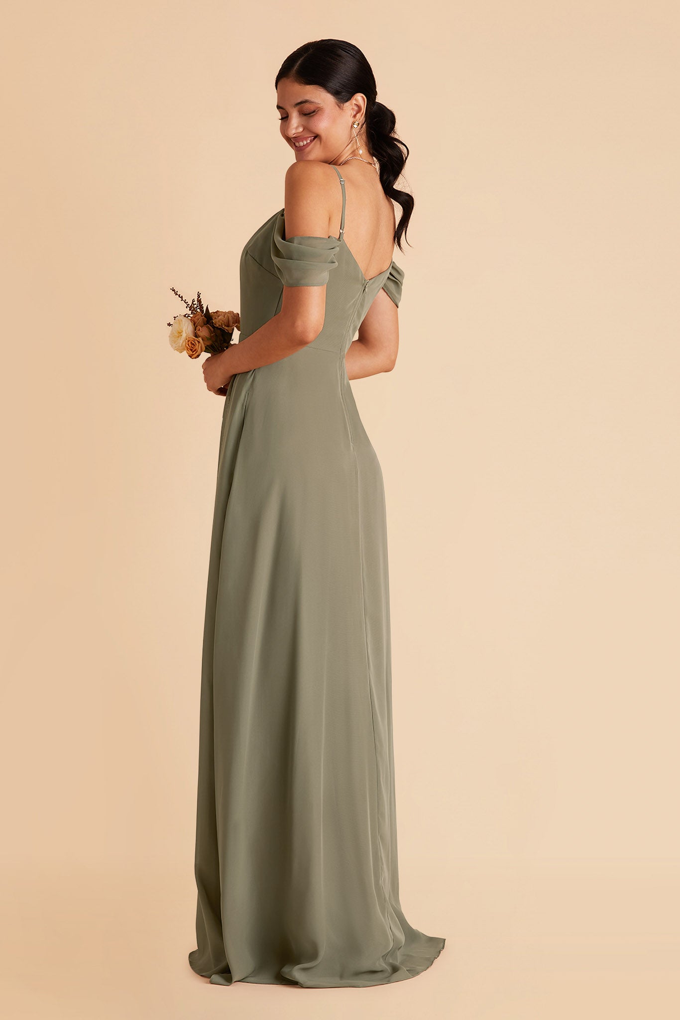 Devin convertible bridesmaid dress with slit in moss green chiffon by Birdy Grey, side view