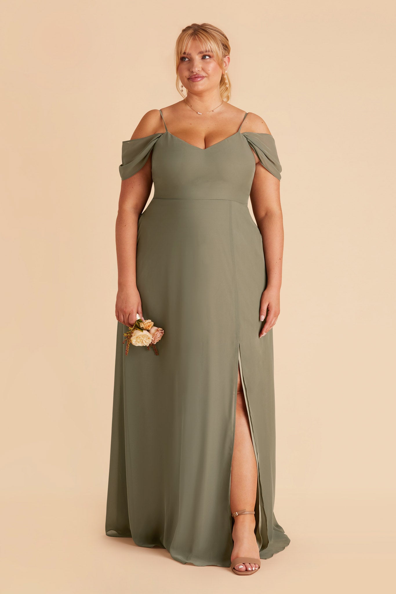 Devin plus size convertible bridesmaid dress with slit in moss green chiffon by Birdy Grey