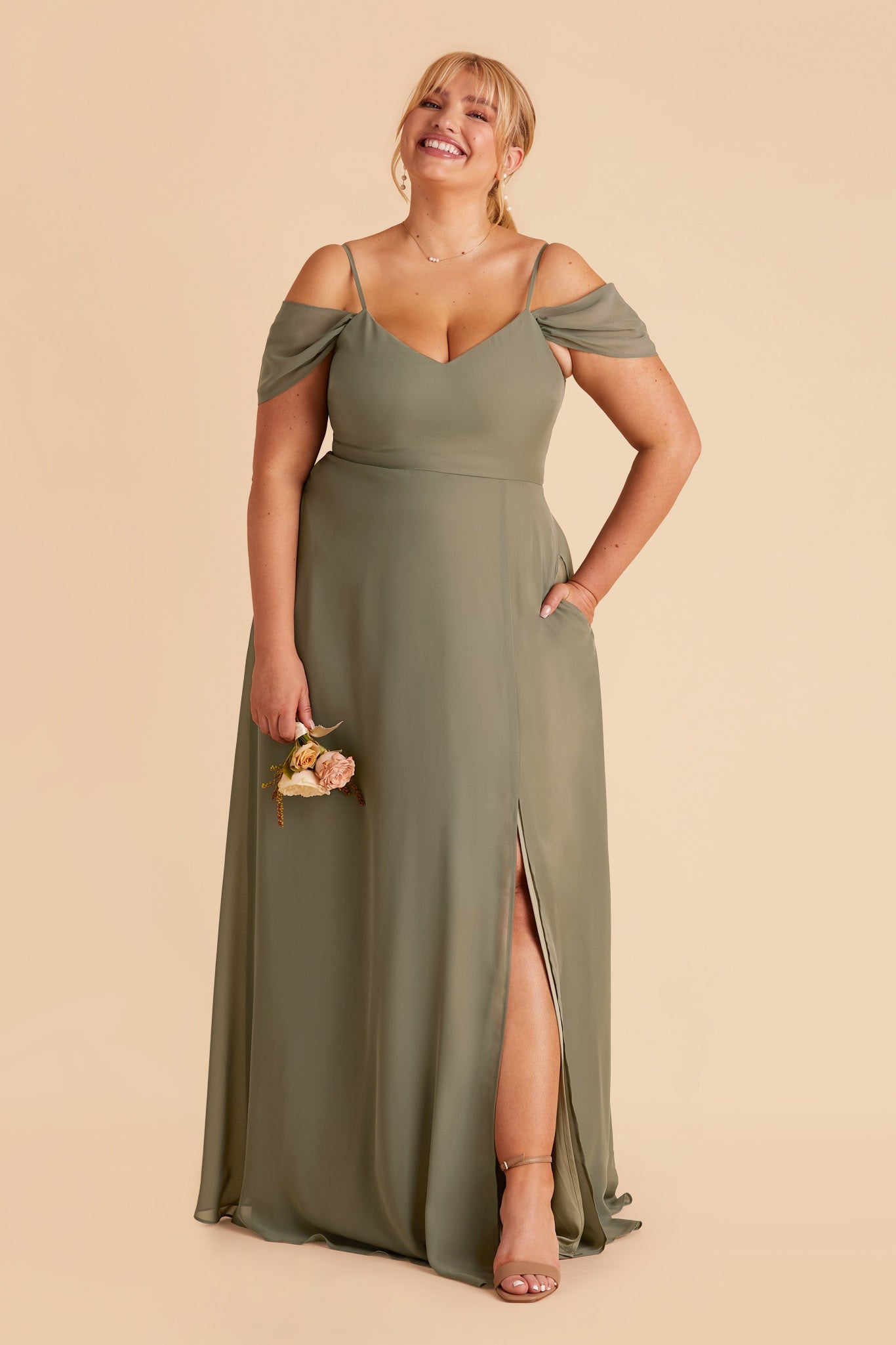 Devin plus size convertible bridesmaid dress with slit in moss green chiffon by Birdy Grey
