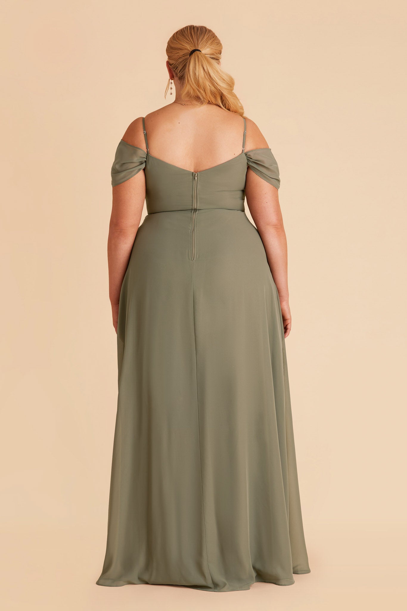 Devin plus size convertible bridesmaid dress with slit in moss green chiffon by Birdy Grey, back view